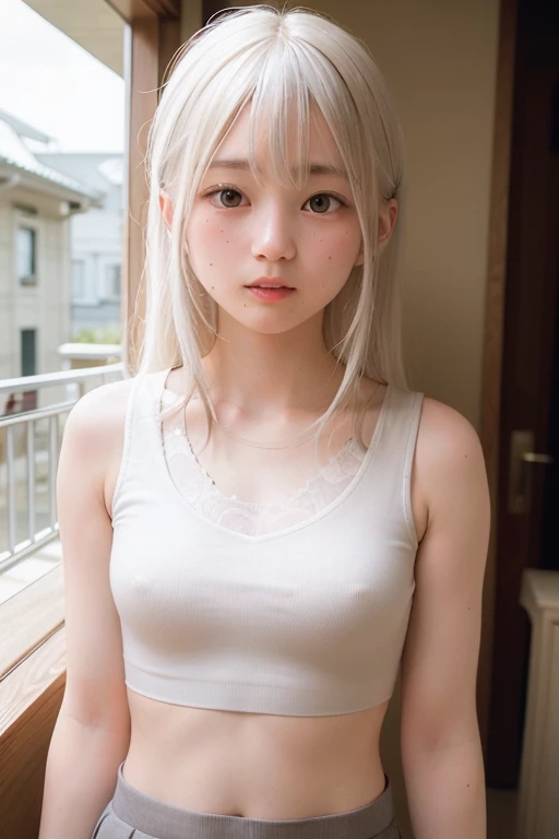 （White Hair:1.4)、The original god，Meet face to face，recruit，mouth，Drooling，She flipped up her skirt　long　Hair,Sports Bra