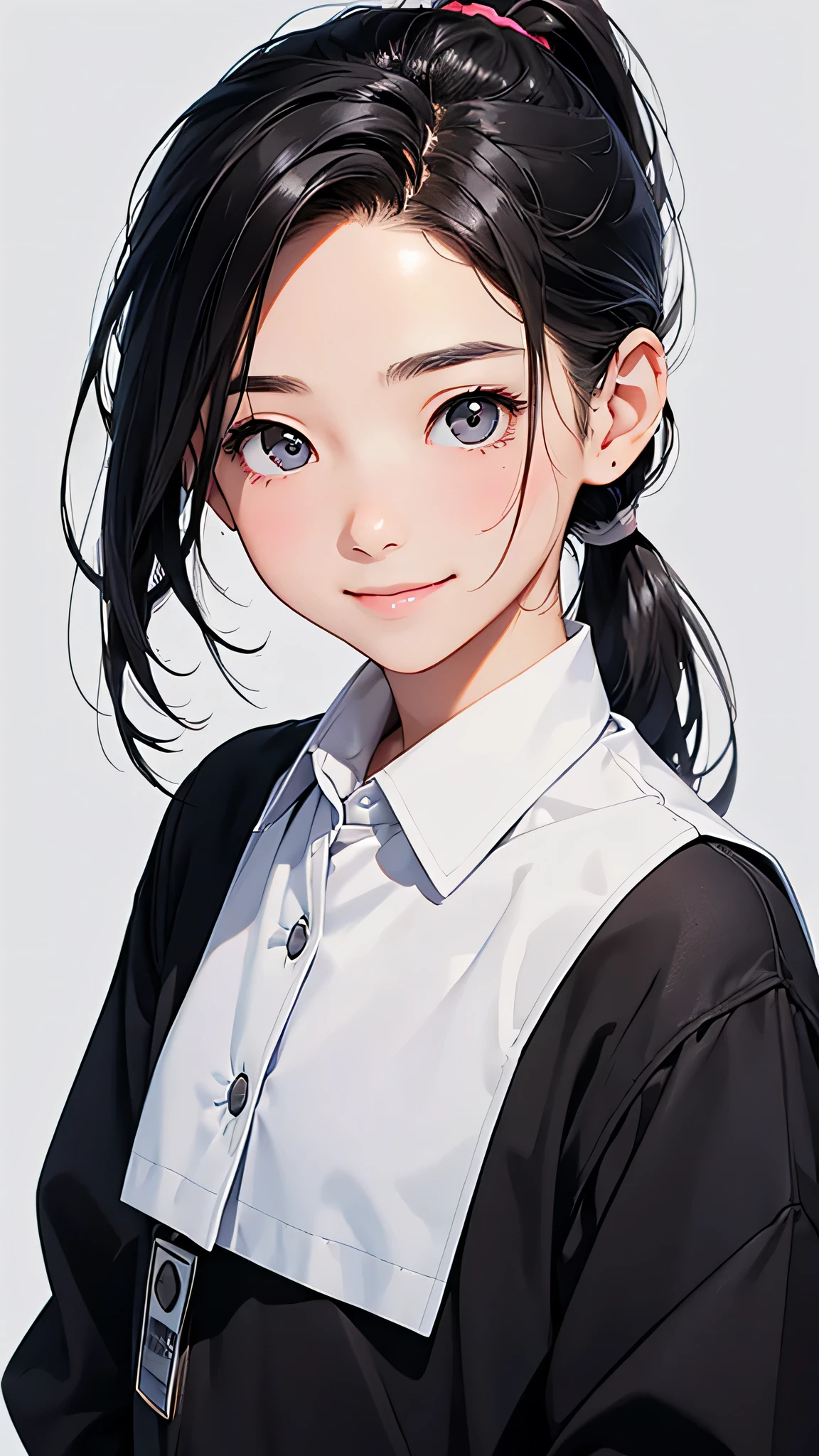 highest quality、Realistic、Japanese、girl、zoom、cute、Grey Eyes、Black Hair、the forehead is protruding、ponytail、school uniform、Looking down、smile、Bust Shot、thin、Small breasts