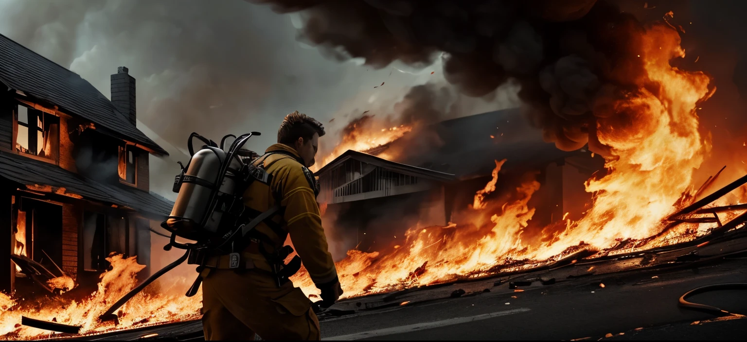 there is a man falling of a fire that is burning, dramatic action photography, standing in fire, arson, dramatic action scene, fire behind him, promo image, dramatic action shot, house on fire, photo still, dramatic cinematic action shot, housefire, fire and explosion, vfx action shot, extreme drama, portrait shot, action photography, walking out of flames