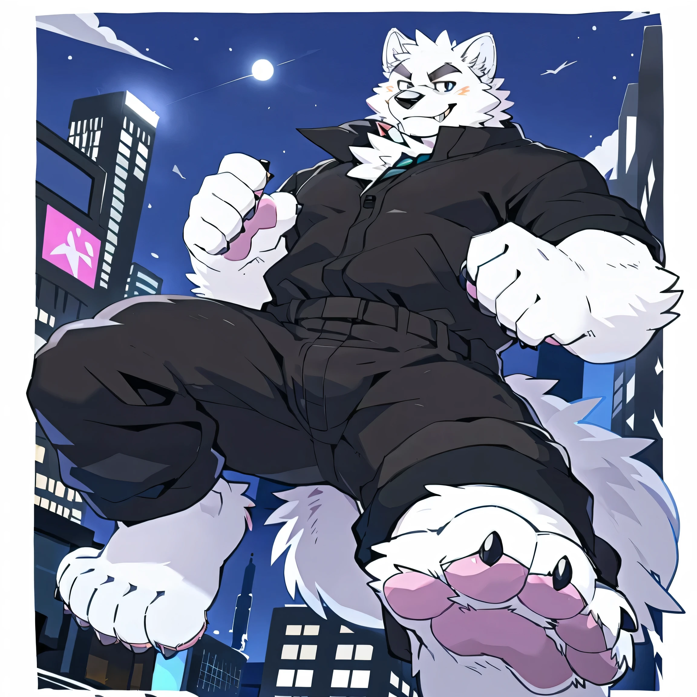 Snow Wolf, Solitary, ((All white fur:1.5)), Perfect sky blue eyes, spiked collar, (artist:Takemoto Arashi), Mature face, (Reach out:1.5), Charming smile, Jump high in the air, from a low perspective, In cities and high-rise buildings, Wearing night clothes, night, rogue, Revealing most of the background, Wearing a black trench coat and black pants, barefoot, Evil smile, pink pads, best quality, Ultra HD