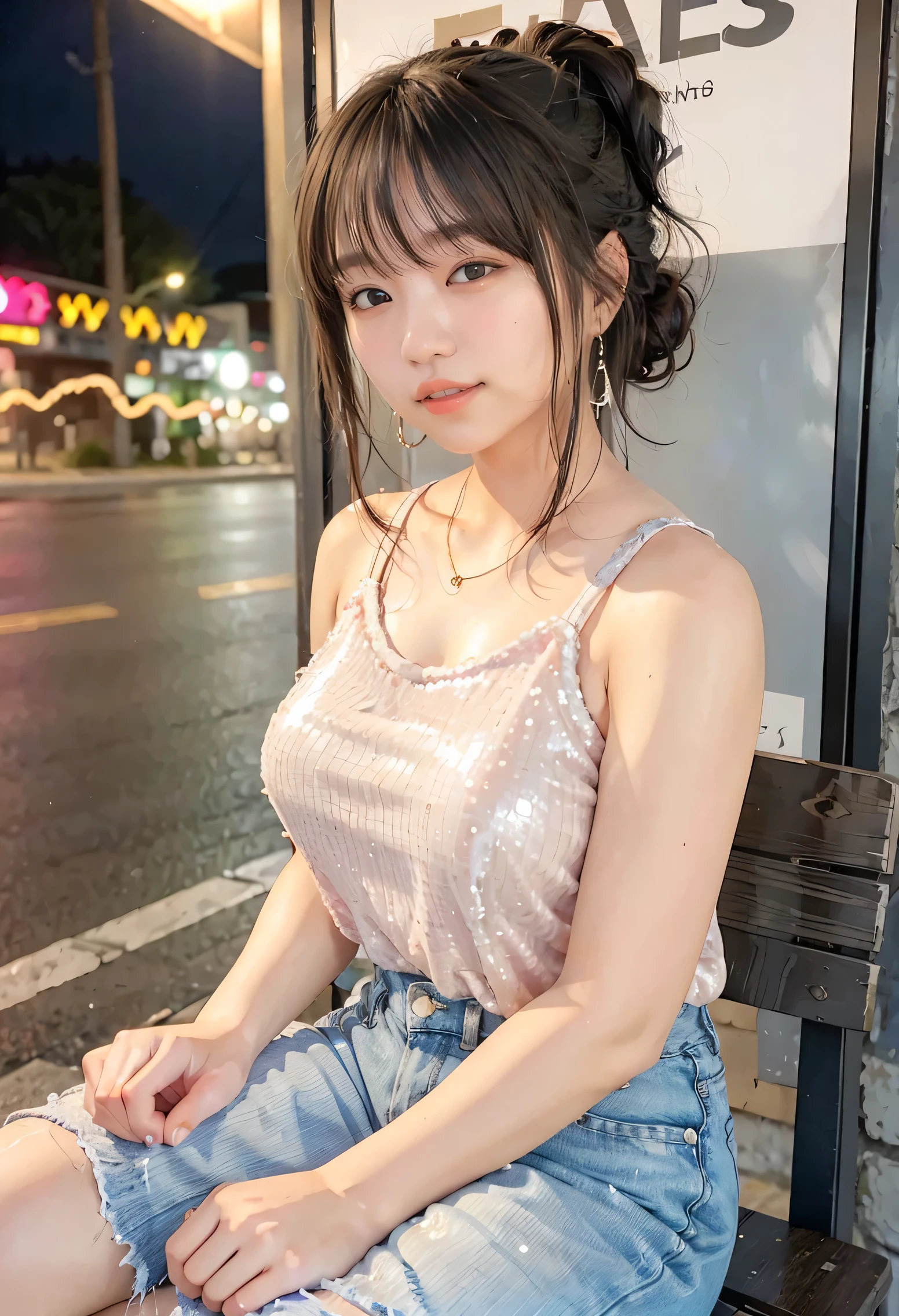 (highest quality,masterpiece:1.3,Ultra-high resolution),(Very detailed、Caustics) (Photorealistic:1.4, RAW shooting、)Ultra-Realistic Capture、Very detailed、Natural skin texture、masterpiece、(Sequin tank top and short denim pants:1.3)、1 Japanese girl、Adorable expression、Expressions of Happiness、14 years old、Young Face、Surprisingly cute、Twin tails、Curly Hair、Black Hair、Scrunchie、Earrings、necklace、light makeup、A big bust that seems to burst、This photo was taken on a busy street at night..、Shining thighs、Sit on a bench on the sidewalk、Shooting from the side、smile、An inviting gaze、