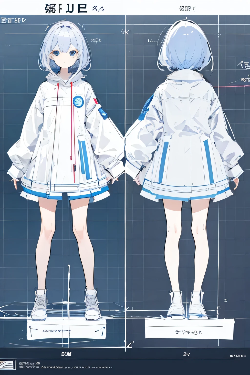 3-sided picture　 Standing girl　Character Blueprints　whole body　three view drawing, front and back and side