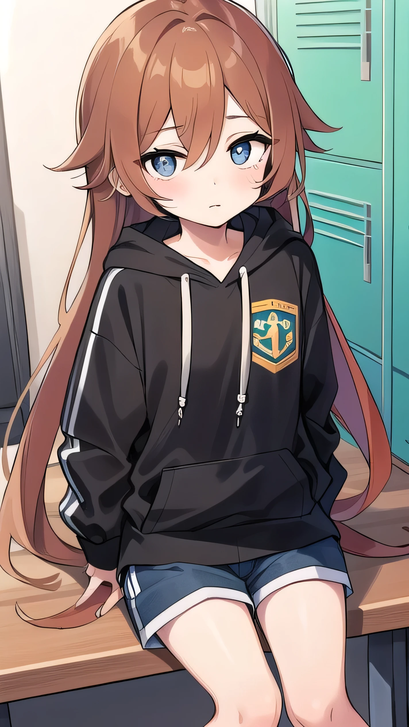 Girl, (Orange-brown hair:1.5), (black eyes:1.1), (big eyes: 1.1), (sagging eyes: 1.5), (very long hair:1.1), hair between eyes, cyan long-sleeved hoodie, white T-shirt, dark blue shorts, white sneakers, (flat chest), (straight hair), very short, only , droopy eyes, wearing a jacket, , wearing a jacket, short height, young face , sleepy face, smooth straight hair, locker room, 