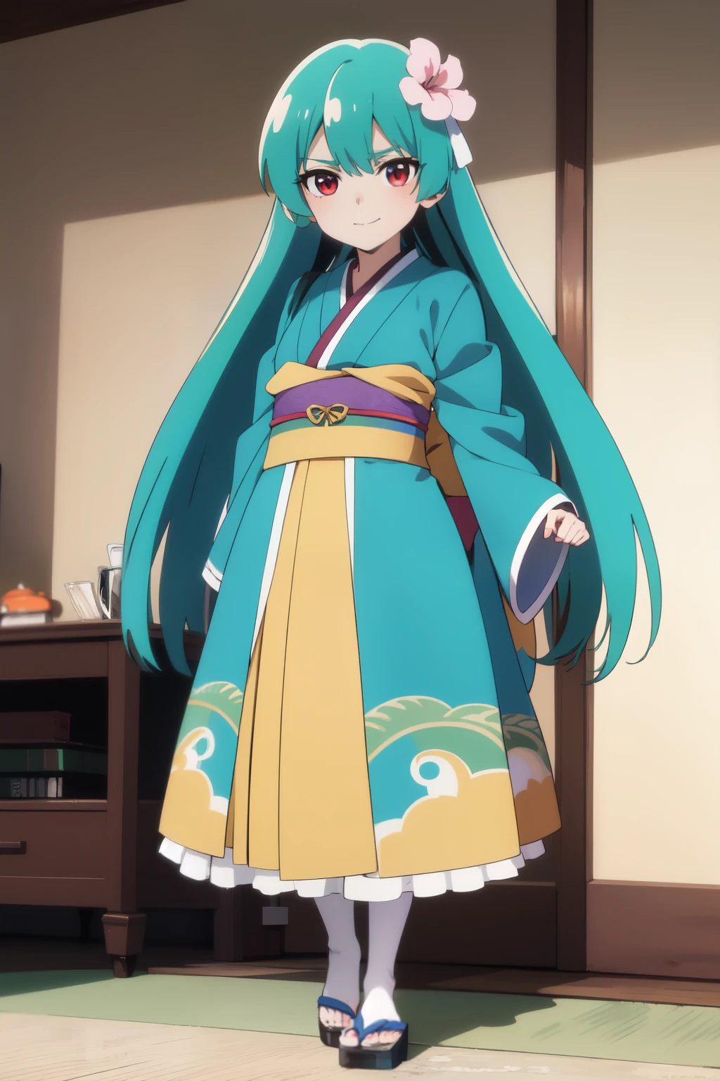 Anime background art, bottom of room, one bed, standing, beautiful anime scenes, 4K anime art wallpaper, 4k anime art wallpaper, Rosla global illumination, anime girl, best quality, detailed, 1 girl, alone, same as LORA, same as lora, closed mouth, light smile, turquoise hair, hair accessory, long hair, defined eyes, red eyes, looking at viewer, perfect face, perfect eyes, big tits, kimono costume, full body.
