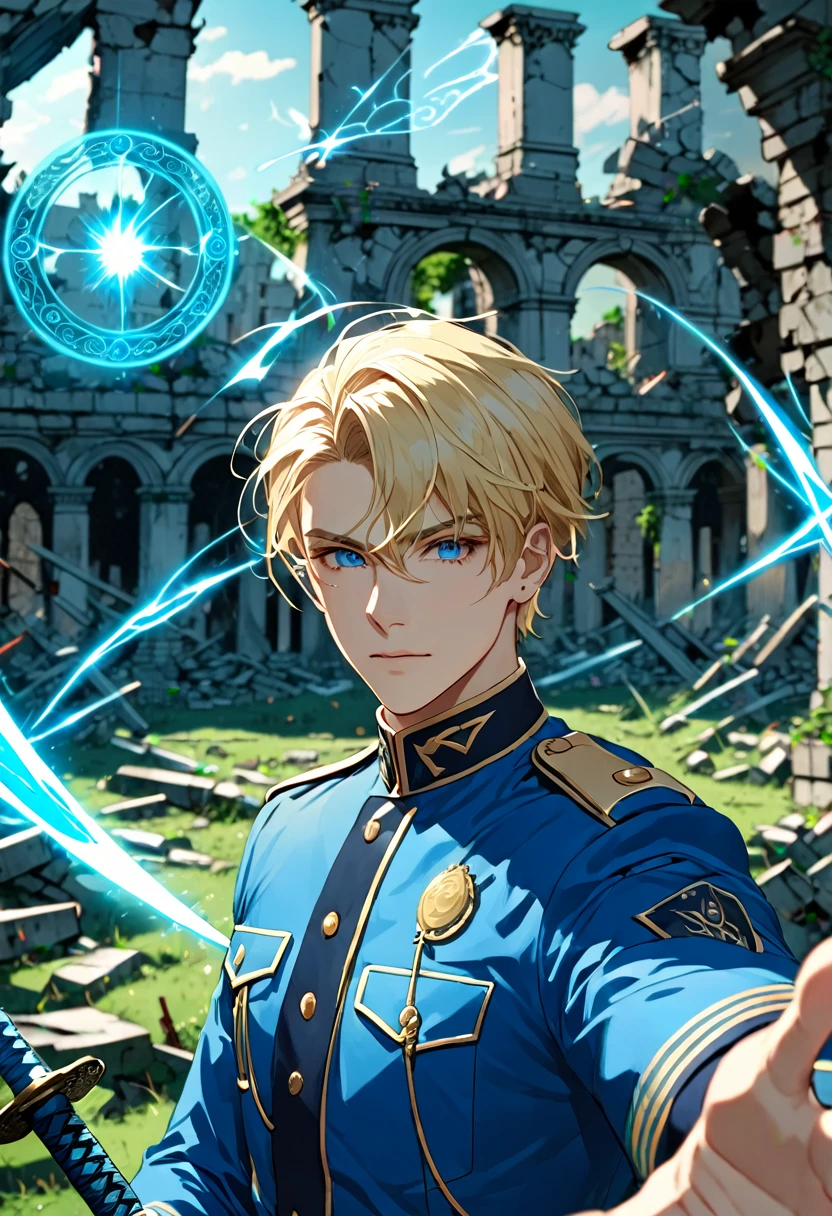 young male officer,Flashy production,Blue Uniform,detailed face,blonde,raise right hand,(many Swords shoot out from a large magic circle in the air),Ruins of the ruins,(depth of field:1.3),Portrait,magnificent view,
