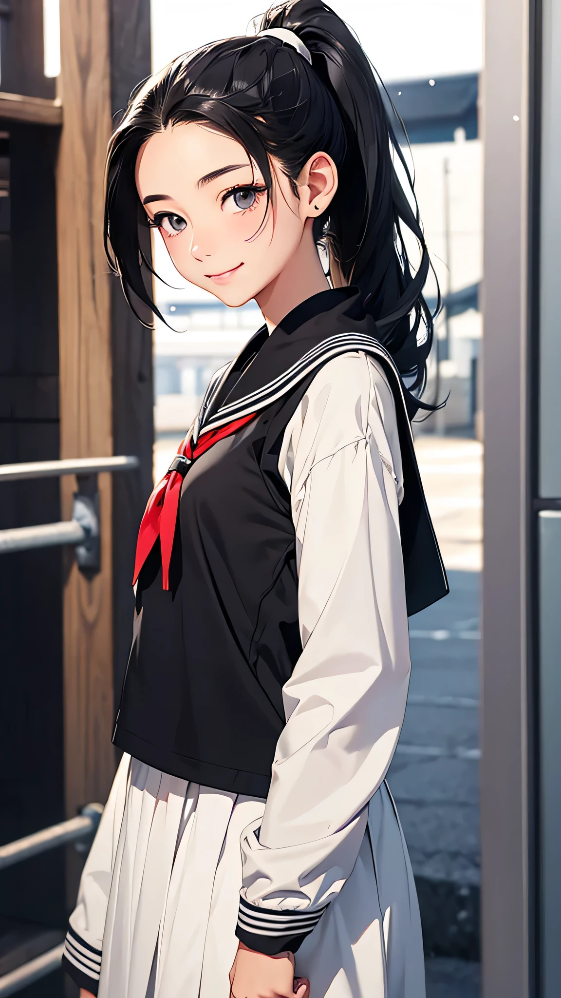highest quality、Realistic、Japanese、girl、zoom、cute、Grey Eyes、Black Hair、the forehead is protruding、ponytail、student、Sailor suit、Looking down、smile、Bust Shot、thin、Small breasts