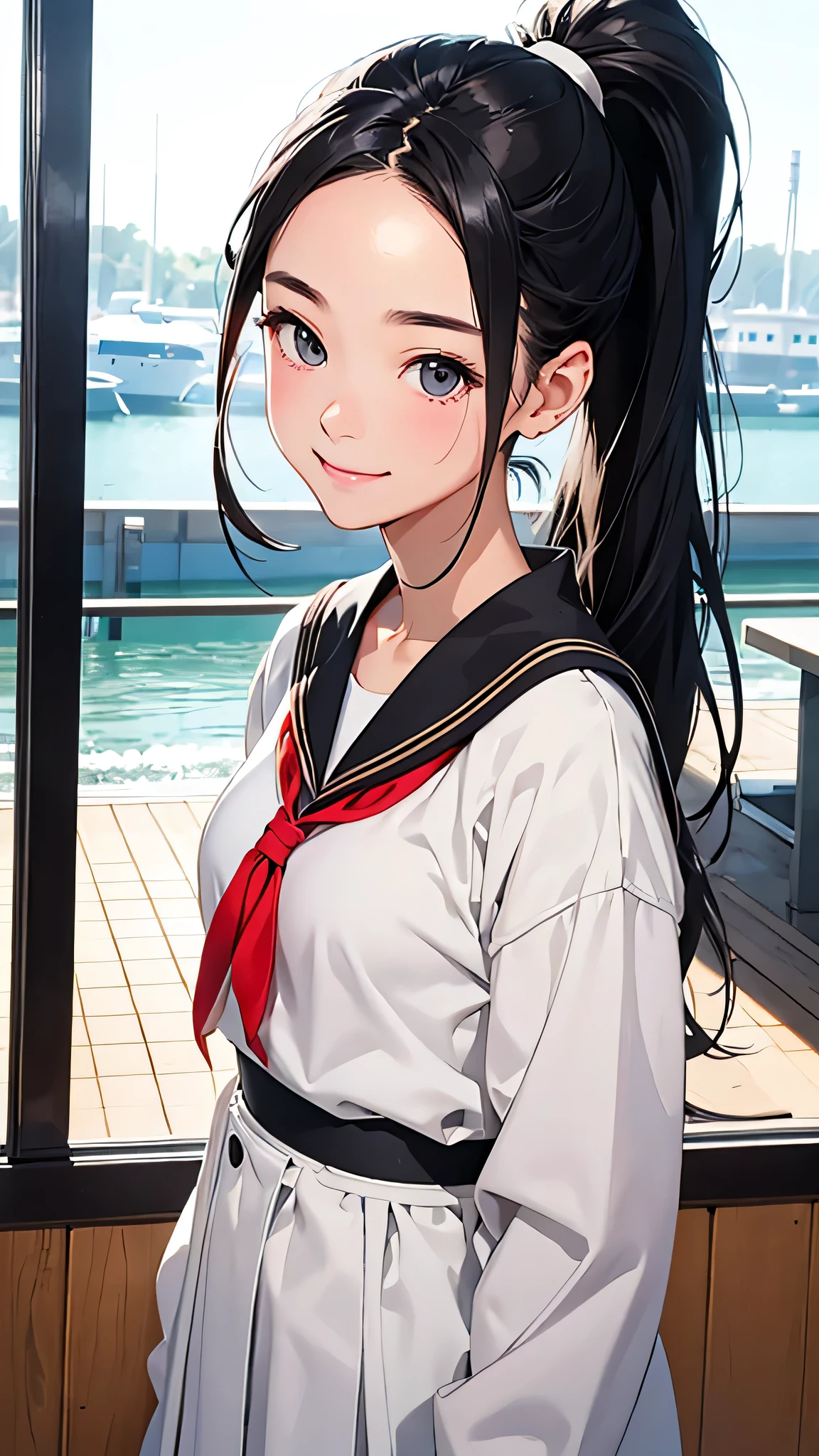highest quality、Realistic、Japanese、girl、zoom、cute、Grey Eyes、Black Hair、the forehead is protruding、ponytail、student、Sailor suit、Looking down、smile、Bust Shot、thin、Small breasts