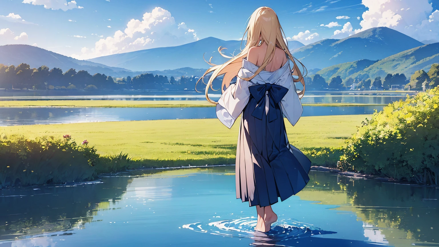 (Masterpiece, Top quality: 1.5) ,4K, (walking on water:1.4), from behind, 1 beautiful girl, solo, blond hair, (blue hakama :1.3), off shoulder, barefoot, long hair, wave hair, (junior high school student:1.2), medium breasts, standard weight, blush:1.2, beautiful scene of big lake, big lake all around, Horizon, magnificent panorama view, Silent lake surface