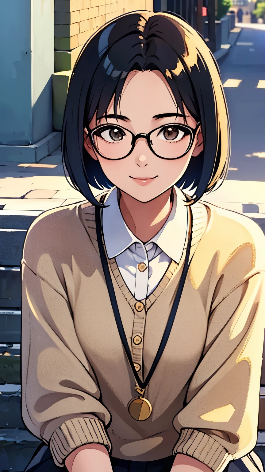 Young Woman looking this way、(highest quality, Natural light)、Stylish、noon, detailed background, 19 years old, Bob Hair、Gold-rimmed glasses、Gentle expression, Street fashion、smile、Posing