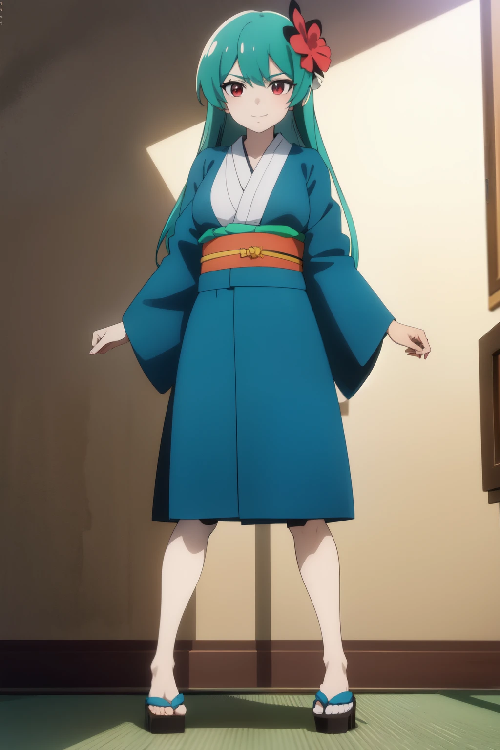 Anime background art, bottom of room, one bed, standing, beautiful anime scenes, 4K anime art wallpaper, 4k anime art wallpaper, Rosla global illumination, anime girl, best quality, detailed, 1 girl, alone, same as LORA, same as lora, closed mouth, light smile, turquoise hair, hair accessory, long hair, defined eyes, red eyes, looking at viewer, perfect face, perfect eyes, big tits, kimono costume, full body.