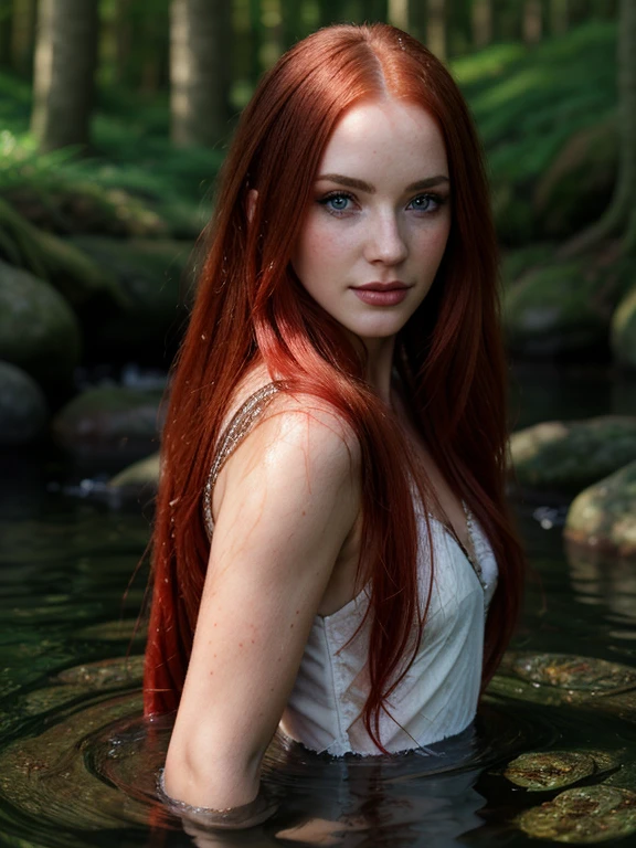 a woman with long red hair in a dress, full body view, ethereal beauty, ophelia, full body, a stunning young ethereal figure, nymph in the water, water fairy, fantasy with water magic, with pale skin, ethereal fairytale, inspired by Arthur Hughes, ellie bamber fairy, red haired goddess, fantasy photoshoot, by Elena Guro. Photorealistic photography.very good quality, aestic,Perfect composition.photo clear.Perfect composition,very good quality photography, photorealistic photo. Very detailed face: eyes , eyebrows,nosem,lips. Beauty. Realistic flowers.Rich color background. Perfect composition..hoto taken at eye level,DSLR,canon EOS RS,ultra quality,sharp focus,tack sharp, depth of field (dof). Film grain,crystal clear,8k UHD, highly detailed, facial features, high detailed background. Art supplies. very good quality .