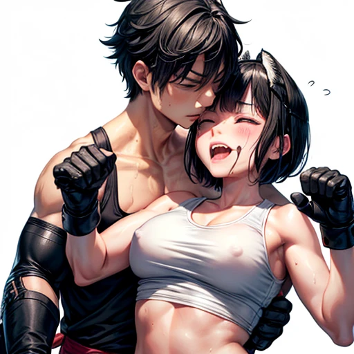 Two. They are competing in a mixed martial arts ring. A large Japanese high school girl is hurting a cute Japanese high school girl with short-cut black hair. She is covered in sweat and covered in scratches, one eye closed, mouth open, panting and drooling. She wears a tank top, spats, and open-fingered gloves. Erect nipples.