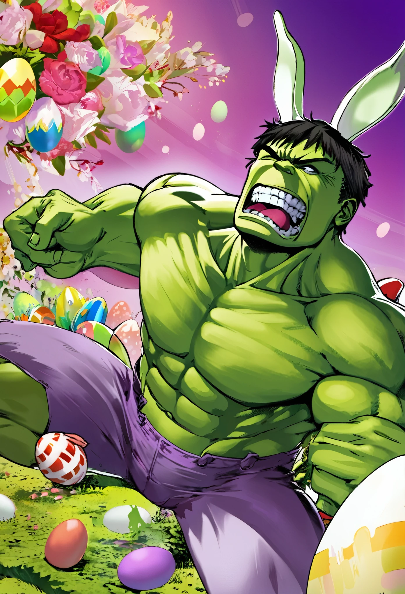 The Incredible Hulk Laughing hard, he is in a fight with an Easter Bunny themed villainess that just put rabbit ears on the Hulk
