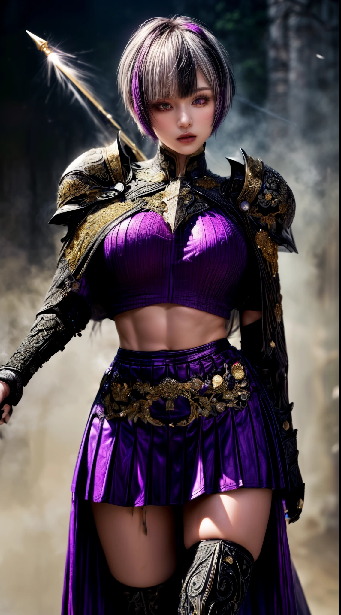 Very beautiful woman、Slender women、(Detailed face)、Realistic Skin、((Dark Knight)), (Dark purple:1.2)、((((Black armor with very fine and intricate decoration:1.5))))、((Delicate photo)),(Girl Astepeace RAW Photo Details:1.25), (highest quality:1.6), (超A high resolution:1.5), (Realistic:1.75), 8K resolution, Canon EOS R5, 50mm, Absurd, Ultra-detailed,Cinema Lighting,((battlefield))、((battle))、(((Dark grey skirt with embellishments)))、Thigh-high socks、Shin Guardulticolored Hair;1.2)、(Gradient Hair:1.2)、((Light gray hair:1.2))、((light purple hair:1.2))、((Pixie Cut:1.2))、(I can see your ripped abs)、Cape、Beautiful Armor、(((Has a huge weapon)))、(In combat)、((Armor with a bizarre and ugly design))、((((Purple Mist))))、(((Leading a large group of knights:1.2)))、Purple military flag、Tarantula-inspired armor、(((Battle Scene)))、(((Purple Tarantula)))、((Dark circles under the eyes))、((eye shadow))