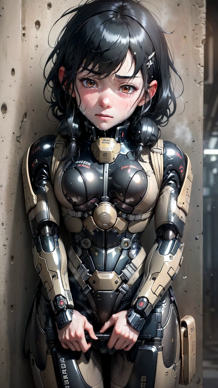 highest quality　8k Mechanical Suit Girl　　Sweaty face　cute　Boyish Hair　Steam coming from the head　My hair is wet with sweat　Black Hair　Broken and unable to move　Leaning against a wall　nosebleed