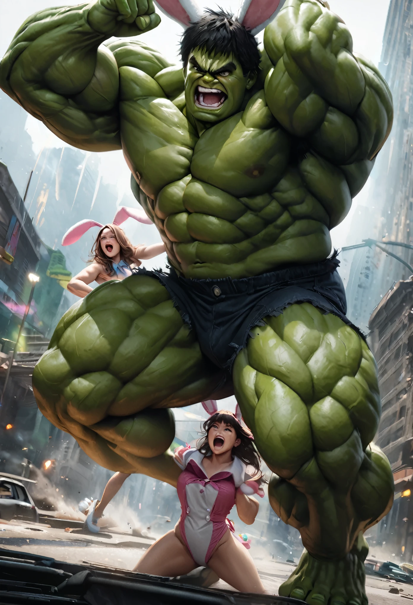 a giant muscular green humanoid,the incredible hulk,laughing hysterically,in an intense battle with a female villain wearing an easter bunny costume,rabbit ears forcibly placed on hulk's head,highly detailed,cinematic lighting,dramatic action pose,dynamic composition,vivid colors,photorealistic,masterpiece