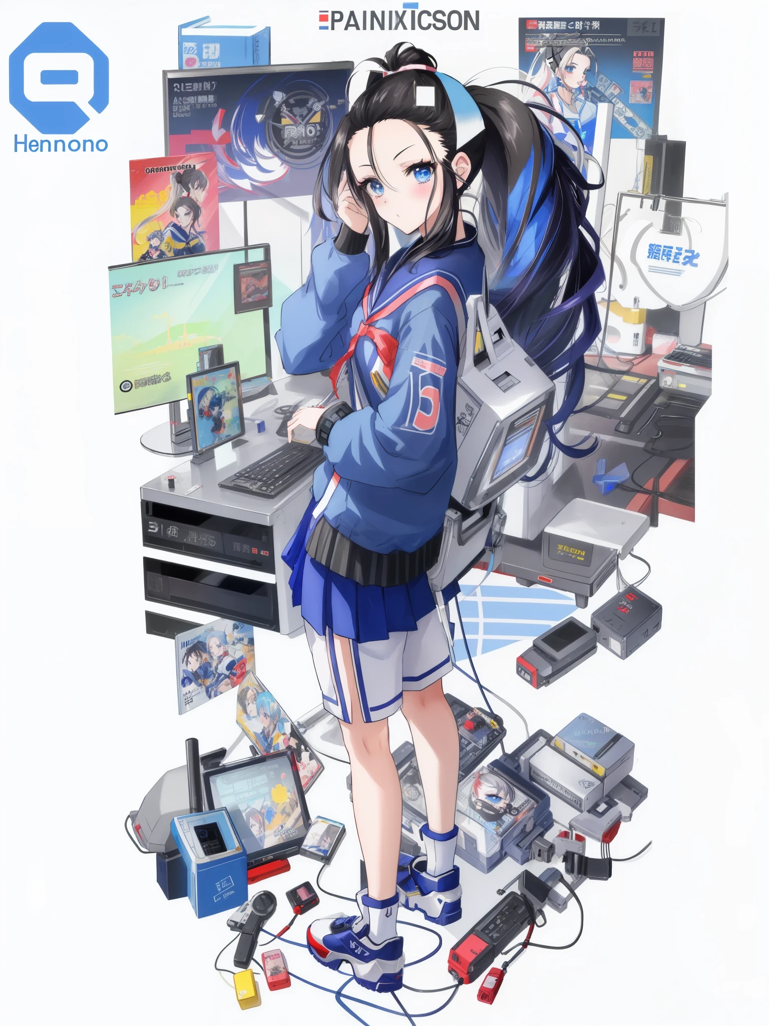 (ponytail forehead hair pulled back:1.3), anime character with various character and game icons on a white background, 2 d anime style, 2d art cover, fully robotic!! girl, hq artwork, anime manga robot!! anime girl, cyber school girl, 2 d anime, official artwork, e - girl, e-girl, video game style, pixiv style, android heroine, cgstation, pixiv