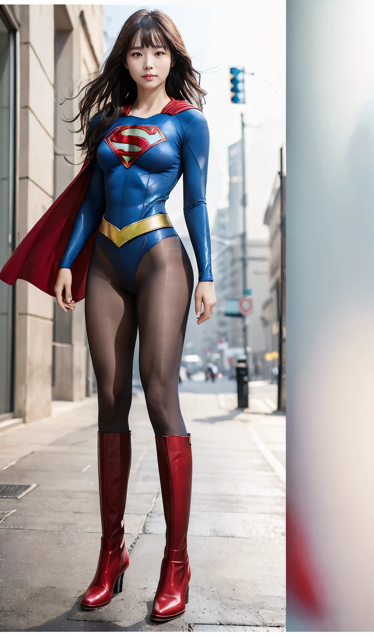 No background、(((Beautiful legs in black tights.)))、(((Legally express the beauty of your smile)))、((((Make the most of your original images)))、(((Supergirl Costume)))、(((Beautiful Hair)))、(((suffering)))、(((Please wear black tights....、Wear red boots)))、((Best image quality、8k))、((highest quality、8k、masterpiece:1.3))、(((Preserve background )))、Sharp focus:1.2、Beautiful woman with perfect figure:1.4、Slim Abs:1.2、Wet body:1.5、Highly detailed face and skin texture、8k