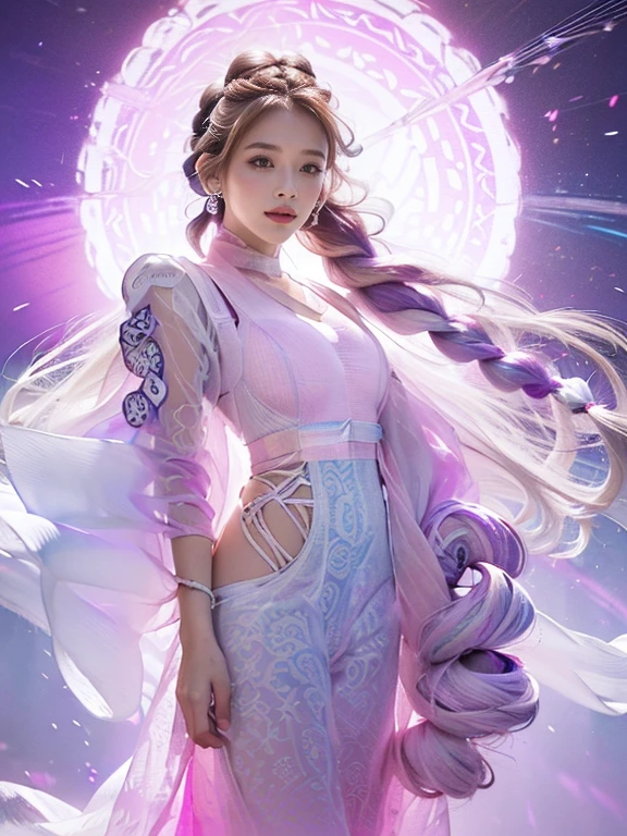 highest quality, Very detailed, masterpiece, Two women posing,(((Perfect female body))),Very beautiful face, Very beautiful body,Gentle expression, Very beautiful eyes,(Perfect Makeup:1.1),Fashion Model,Cyberpunk Fashion,Cinematic Light,Curly Hair,Shaggy Hair, (Drifting in the Wind,White purple gradient long braided chignon hair:1.5),very thin body,Smart Abs,(Monogram pattern:1.3), (((Various patterns,Pink and blue gradient,See-through Bolero,Colorful racing suits:1.3))),anklet,Tech High Top Sneakers,A kind smile,Full body portrait,(Night in Cyber City), (Shiny skin),(Earrings),Long scarf with elegant pattern,Neon long shawl,Digital Feather,LED Signs,splash,