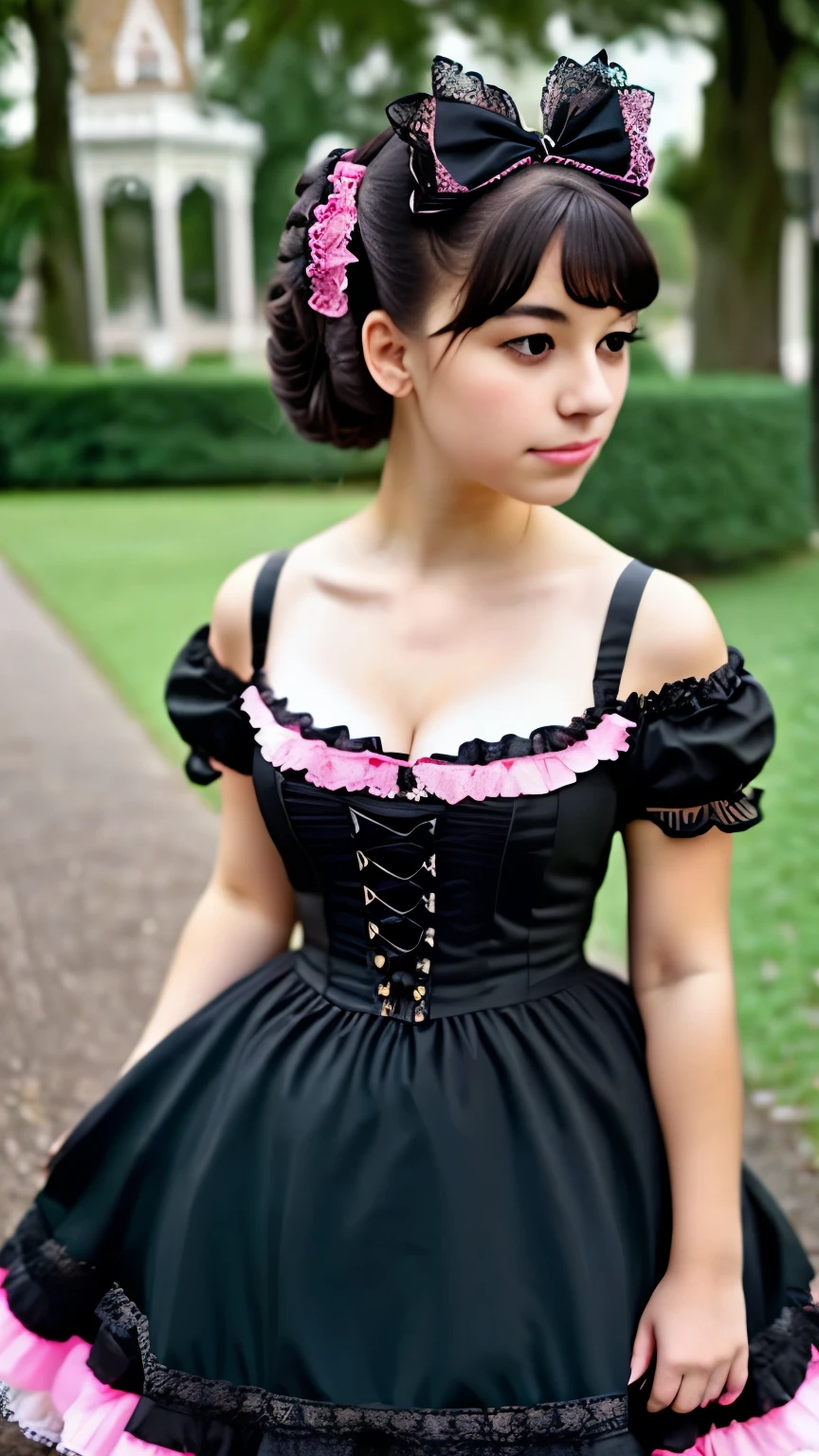 a close up of a woman in a pink dress with black bows, ta style, romantic dress, loliashion, black and pink dress, magical dress, cute dress, dreamy style, fantasy dress, pink and black, rococo dress, victorian gothic lolita fon, beautiful dress, full dress, whimsical and cute, black white pastel pink, retro and ethereal