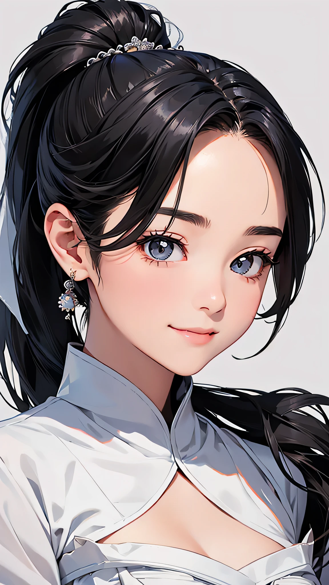highest quality、Realistic、Japanese、girl、zoom、cute、Grey Eyes、Black Hair、the forehead is protruding、ponytail、Wedding dress、Looking down、smile、Bust Shot、thin、Small breasts