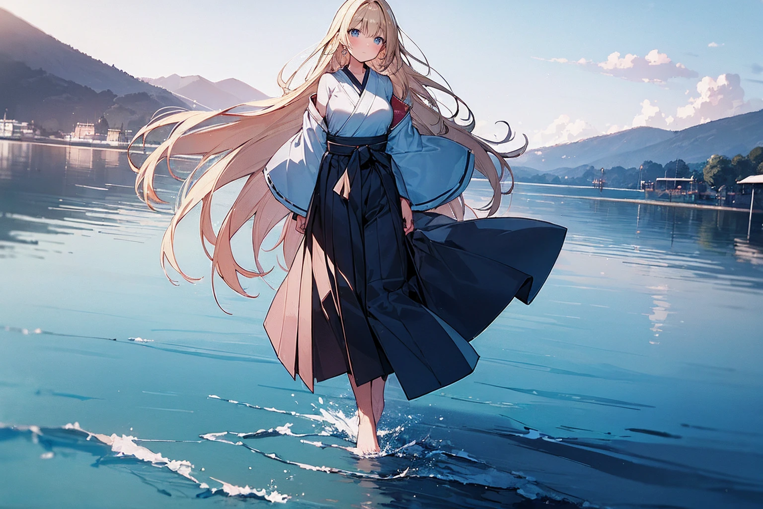 (Masterpiece, Top quality: 1.5) ,4K, (walking on water:1.4), from behind, 1 beautiful girl, solo, blond hair, (blue hakama :1.3), off shoulder, barefoot, long hair, wave hair, (junior high school student:1.2), medium breasts, standard weight, blush:1.2, beautiful scene of big lake, big lake all around, Horizon, magnificent panorama view, Silent lake surface