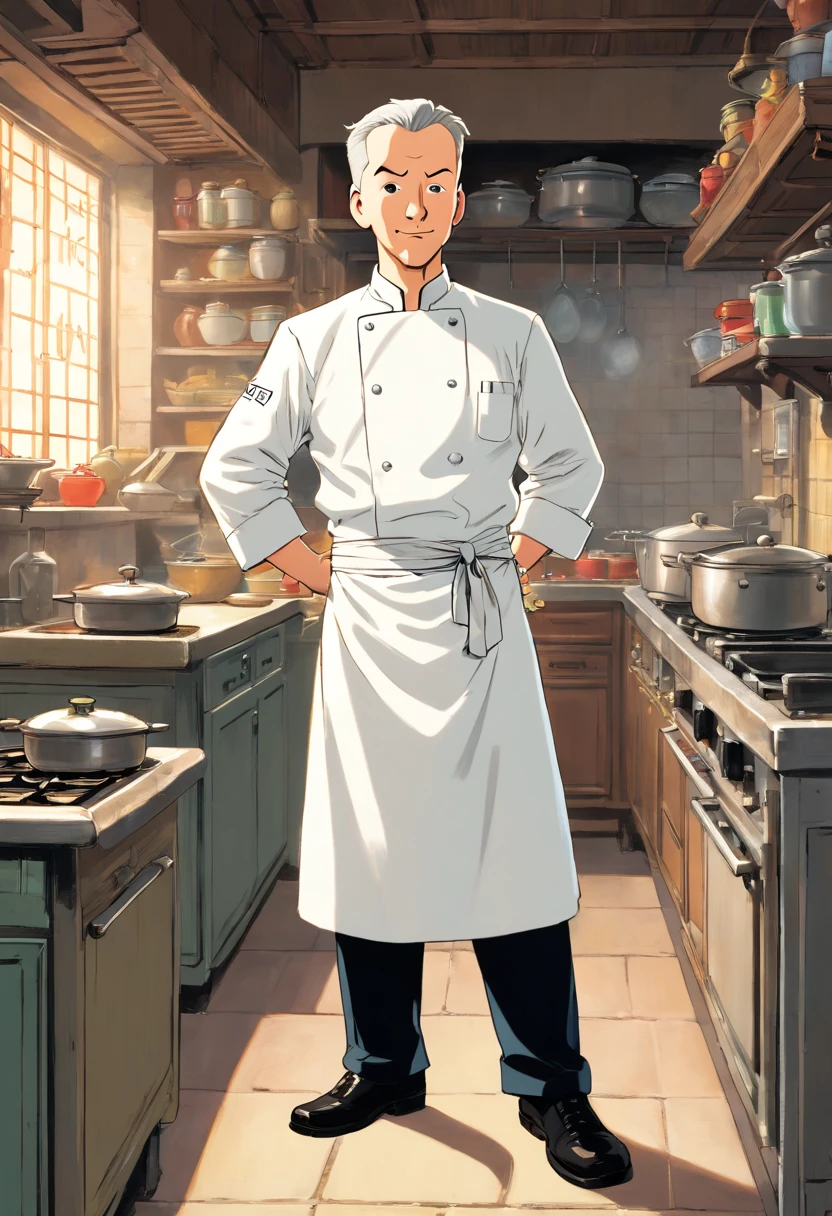 Tintin, 50 years old male wearing white chef  attire ((no hat)), slick and neat short gray hair, hand on hips pose, in a tradisional Chinese kitchen, european comics