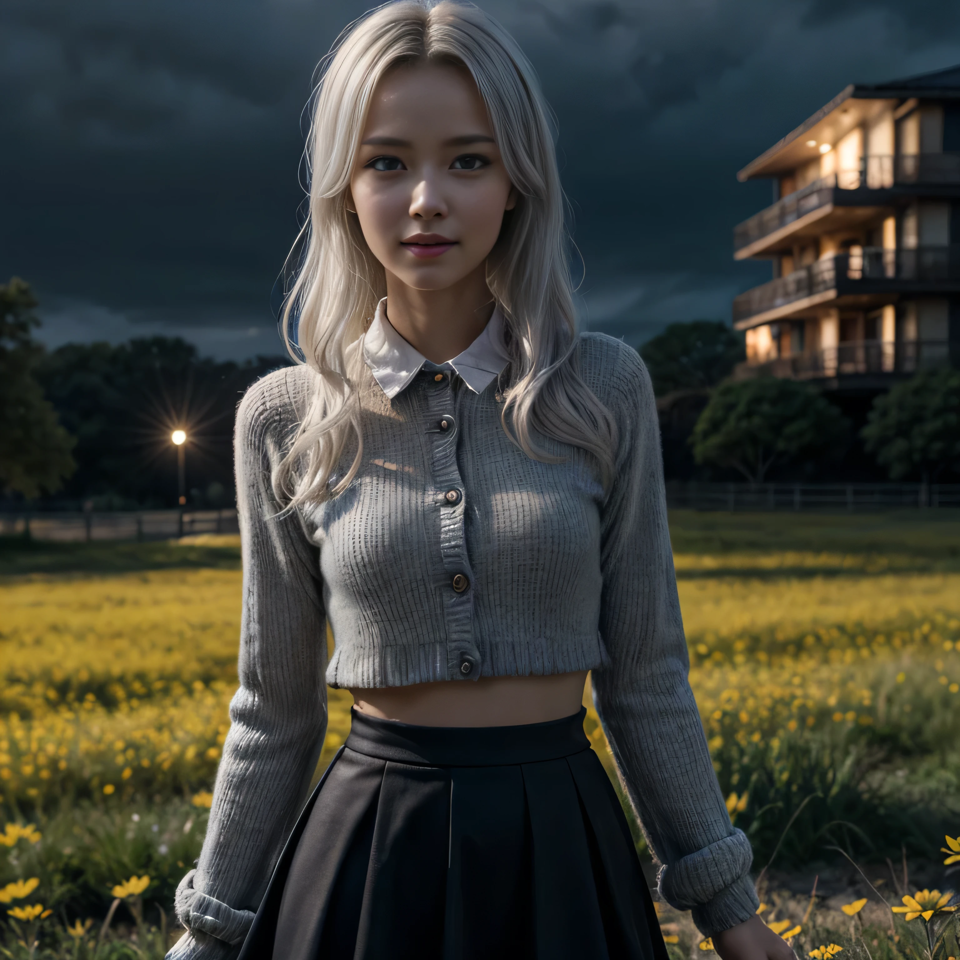 masterpiece, best quality, 1girl, (colorful),(finely detailed beautiful eyes and detailed face),cinematic lighting,bust shot,extremely detailed CG unity 8k wallpaper,white hair,solo,smile,intricate skirt,((flying petal)),(Flowery meadow) sky, cloudy_sky, building, moonlight, moon, night, (dark theme:1.3), light, fantasy,