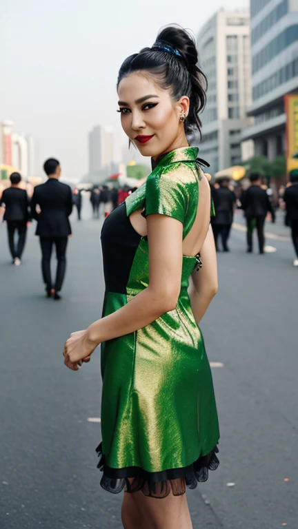 (flashy) determined  dilara_gonder in (cocktail dress|demon costume|graduation suit),portrait,intricate detail,(spiky hair,( hair bow):1.2,on side,at rococo architecture,in (Beijing, China|crosswalk),midday,eye liner,(skin details:1.3),(skin pores:1.3),art by  (Erich Heckel),Nikon D3500 DSLR Camera,
