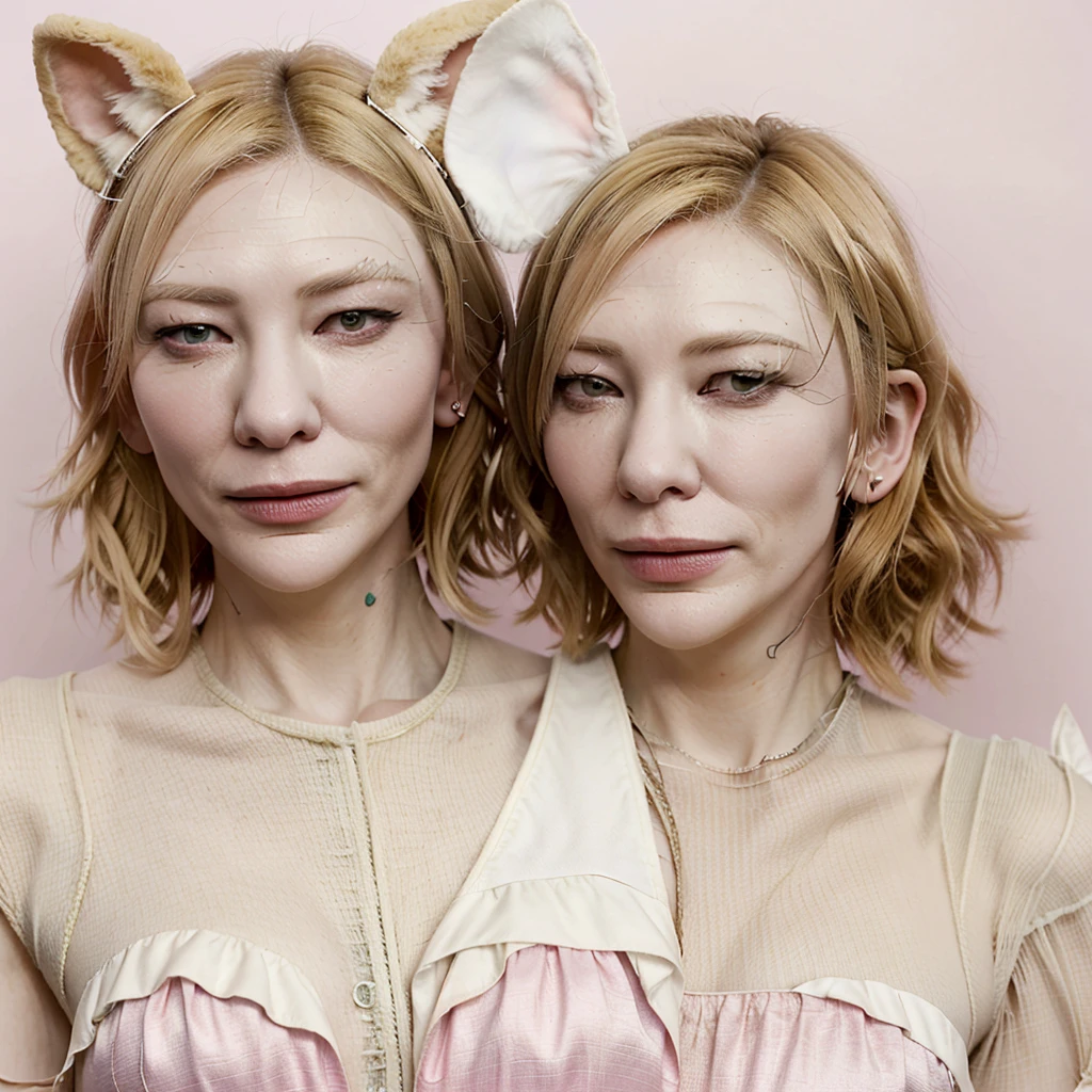 A cute cosplay woman (Cate Blanchett (25)) is wearing Bunny Ears while costumed as Princess Peach
