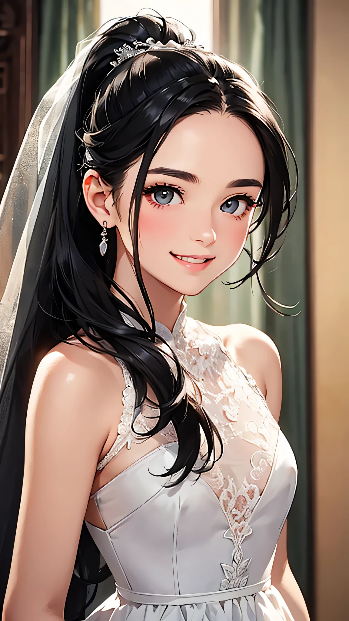 highest quality、Realistic、girl、zoom、cute、Grey Eyes、Black Hair、the forehead is protruding、ponytail、Wedding dress、Looking down、smile、Bust Shot、thin、Small breasts