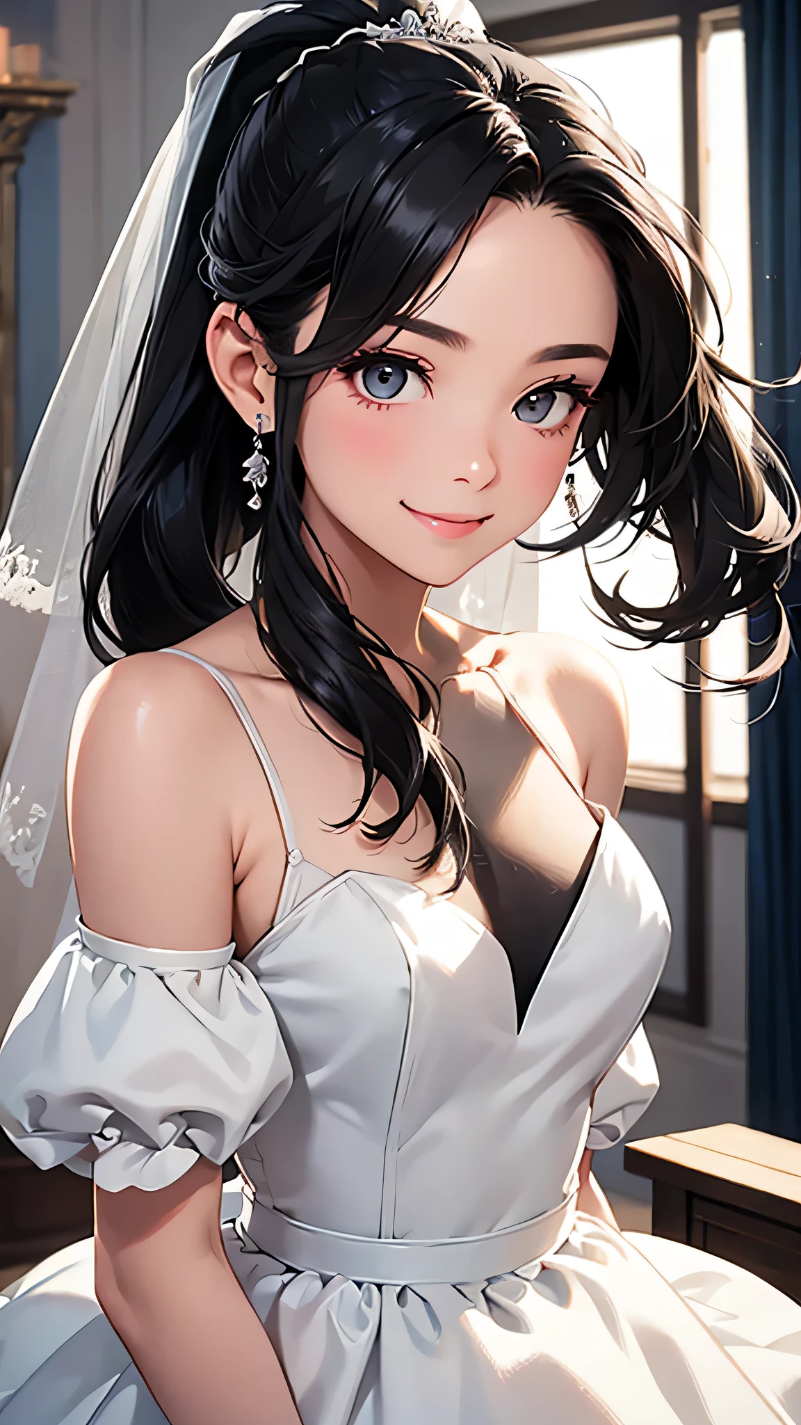 highest quality、Realistic、girl、zoom、cute、Grey Eyes、Black Hair、the forehead is protruding、ponytail、Wedding dress、Looking down、smile、Bust Shot、thin、Small breasts