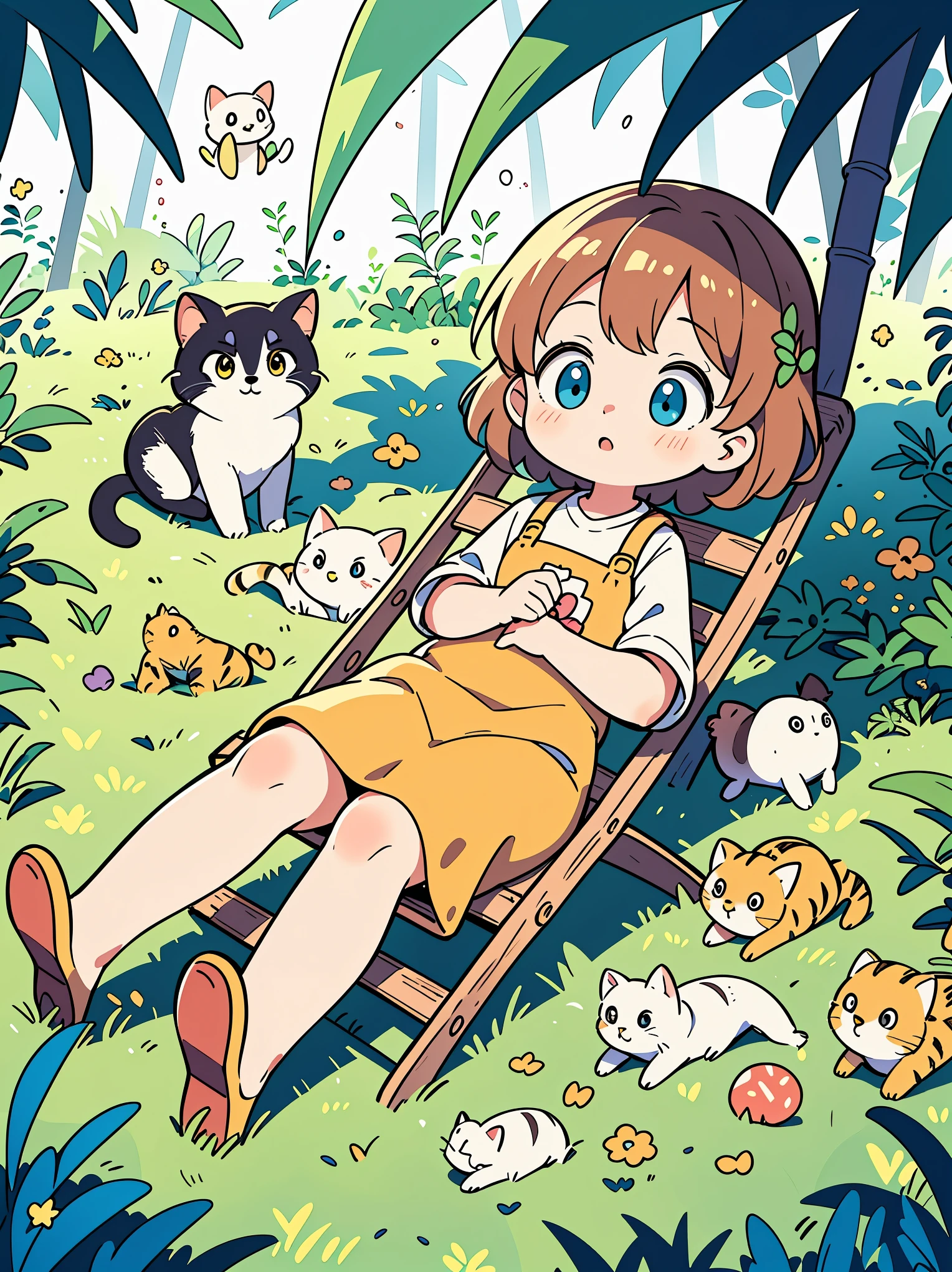 One summer night,there were stars in the sky. The old lady was lying on a bamboo chair,with a cute little cat beside her. The little girl was sitting on the grass,hand drawn style,children's illustrations,flat illustrations,masterpiece,best quality,