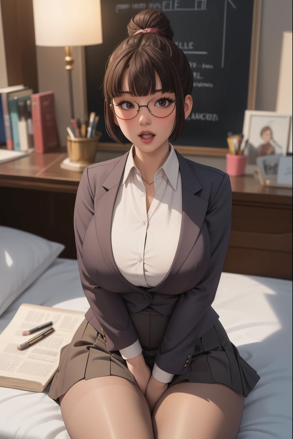 (highres, high quality:1.3), intricate details, cinematic lighting, sharp focus, depth of field,
KuroseKatsuko, 1girl, solo, full body, complate body mature female, looking at viewer, standing, white background, siple background,
serious, embarrassed, blush, holding book, open mouth,
[brown|black] hair, short hair, blunt bang, hair bun, ribbon, makeup, lipstick, eyelashes, brown eyes, detailed eyes, glasses, perfect face, cute nose, beautiful face, perfect face, illuminated face, thick lips, blushes, symmetrical face, beautiful detailed face, human ears, seductive, pleasure expression, orgasm expression,
suit, jacket, skirt, black pantyhose, tight clothes,
huge breasts, curvy, thighs, wide hips, large hips, thick thights, huge thights, hourglass figure, big breasts, huge breasts, large breasts, big butt, huge butt, very slim stomach, thin belly,