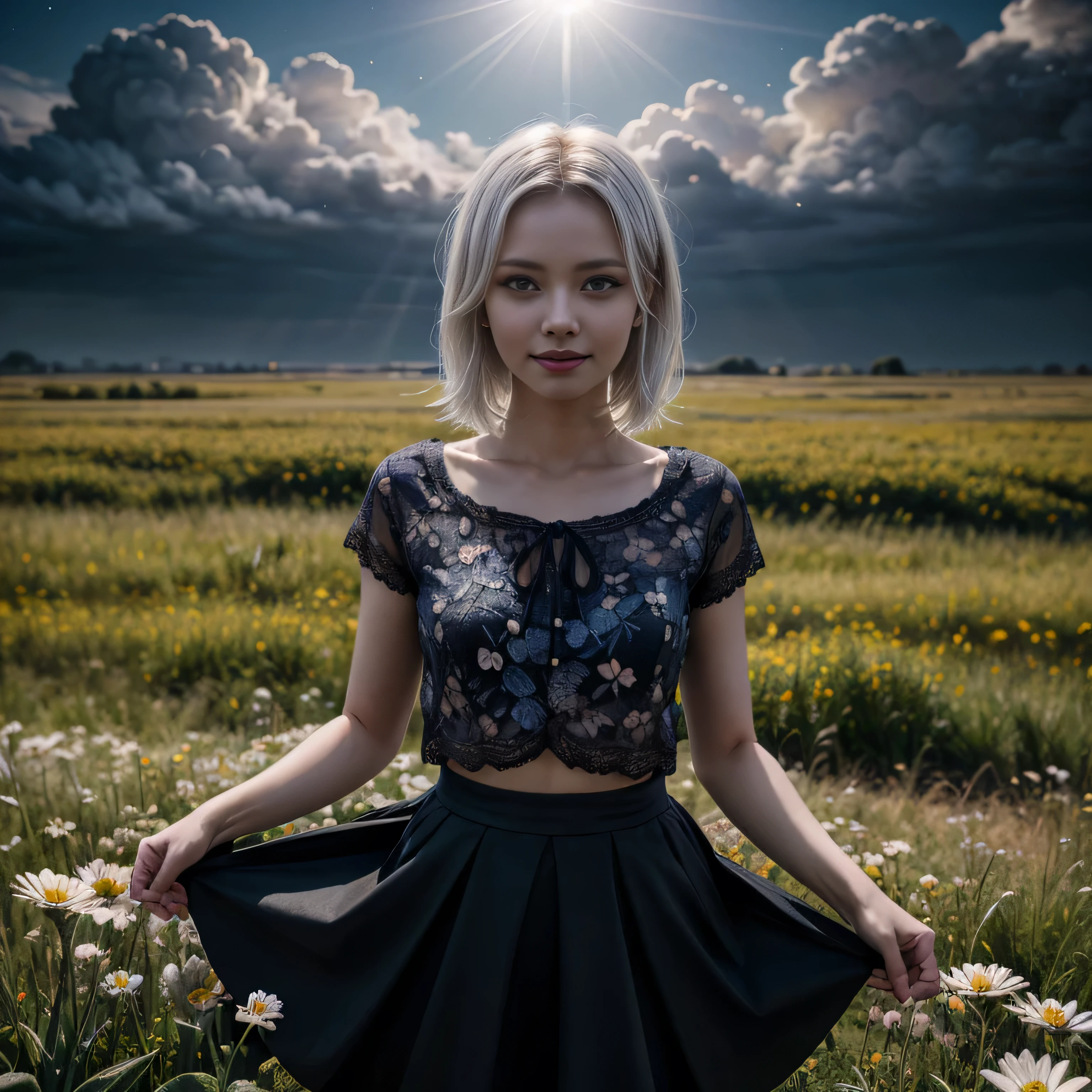 masterpiece, best quality, 1girl, (colorful),(finely detailed beautiful eyes and detailed face),cinematic lighting,bust shot,extremely detailed CG unity 8k wallpaper,white hair,solo,smile,intricate skirt,((flying petal)),(Flowery meadow) sky, cloudy_sky, building, moonlight, moon, night, (dark theme:1.3), light, fantasy,