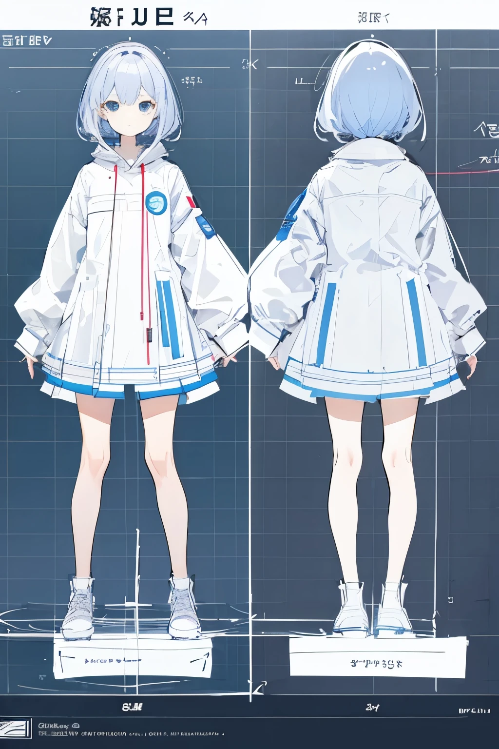 3-sided picture Standing girl Character Blueprints whole body three view drawing, front and back and side