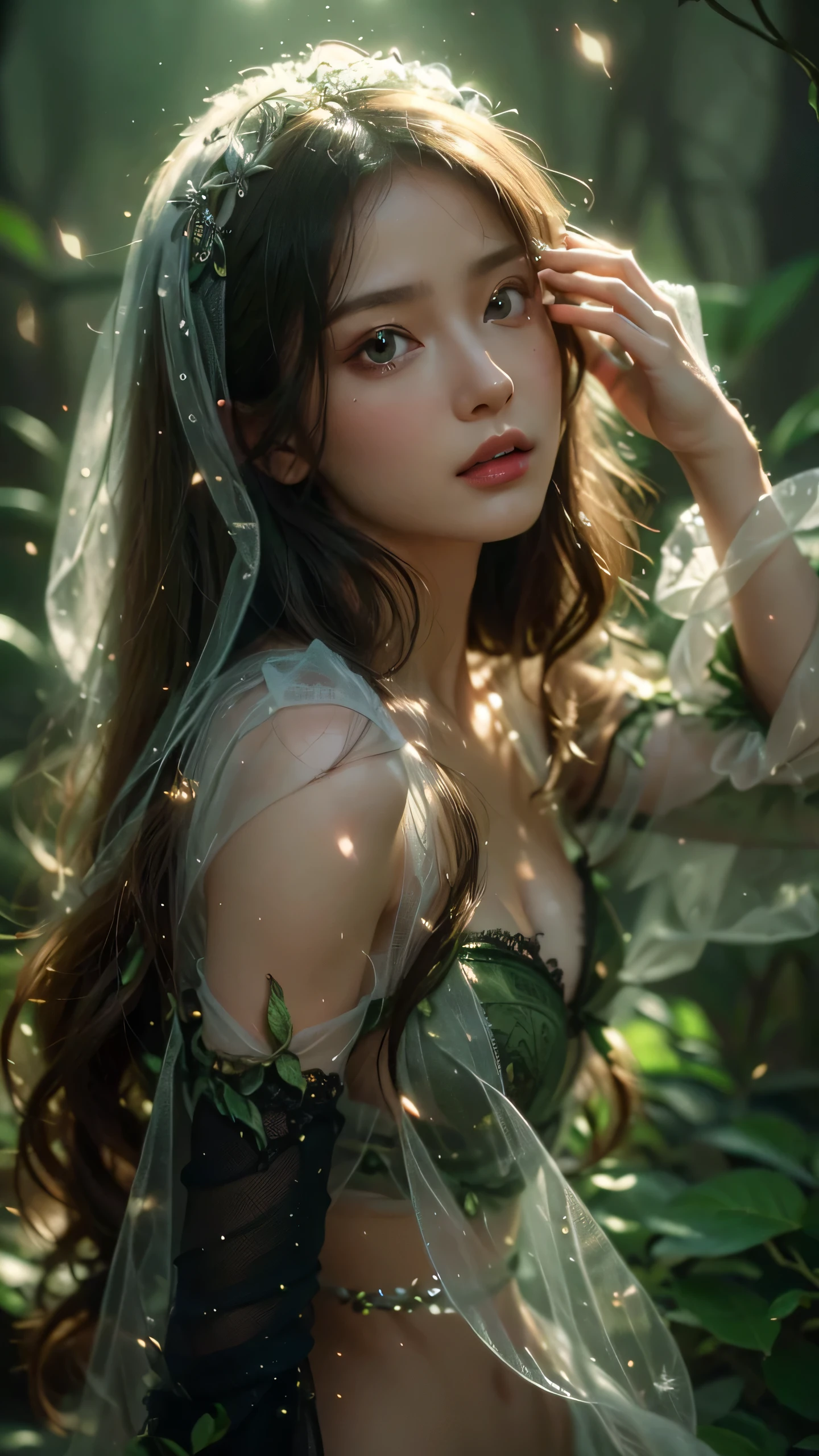 8k, very highly detailed, close-up portrait of a beautiful anime-style girl wearing a semi-transparent veil, beautiful green veil, extremely detailed hair, eyes and face, beautiful detailed lips, longeyelashes, delicate facial features, sweet expression, big breast, photorealistic, cinematic lighting, warm color tones, flowing fabric textures, ethereal, magical, mystical atmosphere, masterpiece, (best quality,8k,highres,masterpiece:1.2),ultra-detailed,(realistic,photorealistic,photo-realistic:1.37), (((fix All sides)))