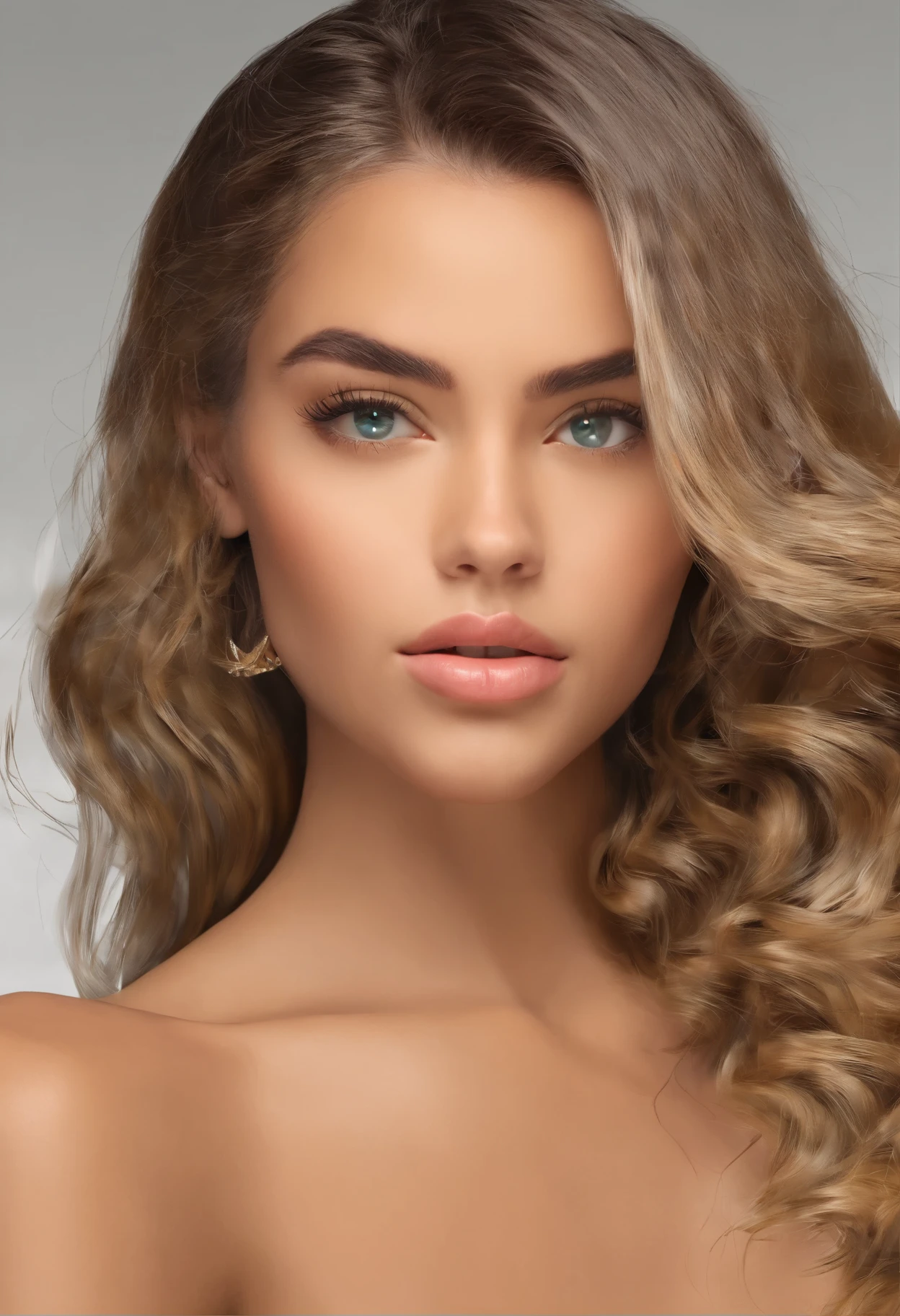 Describe a girl with a delicate face and afro woman features. His green eyes are the highlight, ser bem detalhado e expressivo. The irises have Vibrandos shades of light brown, com um anel dourado ao redor da pupila. The eyelashes are long and curved, further enhancing the charming look. Your eyebrows are precisely defined, com cabelos bem cuidados e arqueados, Enhance facial expression. The makeup is soft, enhancing the natural beauty of the girl. Your skin is flawless, com uma textura suave e luminosa. The lips are delicate and proportional, com uma cor suave e natural. The image must be captured in high definition, providing a faithful representation of the girl in realistic photographic style." "cara": "fotografia", "arte_Estilos": "Realistic", "arte_Inspirations": "fotografia de retrato, fotografia de moda", "Camera": "Canon EOS R5", "injection": "Close-up", "emprestar_Relacionado_information": "The image must be captured with extreme precision and detail. Use suave, diffuse lighting to highlight the subtle details of the girl's face. Capte a textura do cabelo, destacando os reflexos nos fios escuros e cacheados. Pay attention to the smallest details, as the curvature of the eyelashes, the sparkle in the eyes and the softness of the lips. O foco deve estar nos olhos, transmitindo toda a expressividade e profundidade do olhar da . A imagem deve transmitir um senso de realismo e autenticidade, accurately portraying its unique and charming features, Nijistyle, Dr490nSc4leAI,Furtastic Detailer,Vibrando, nude