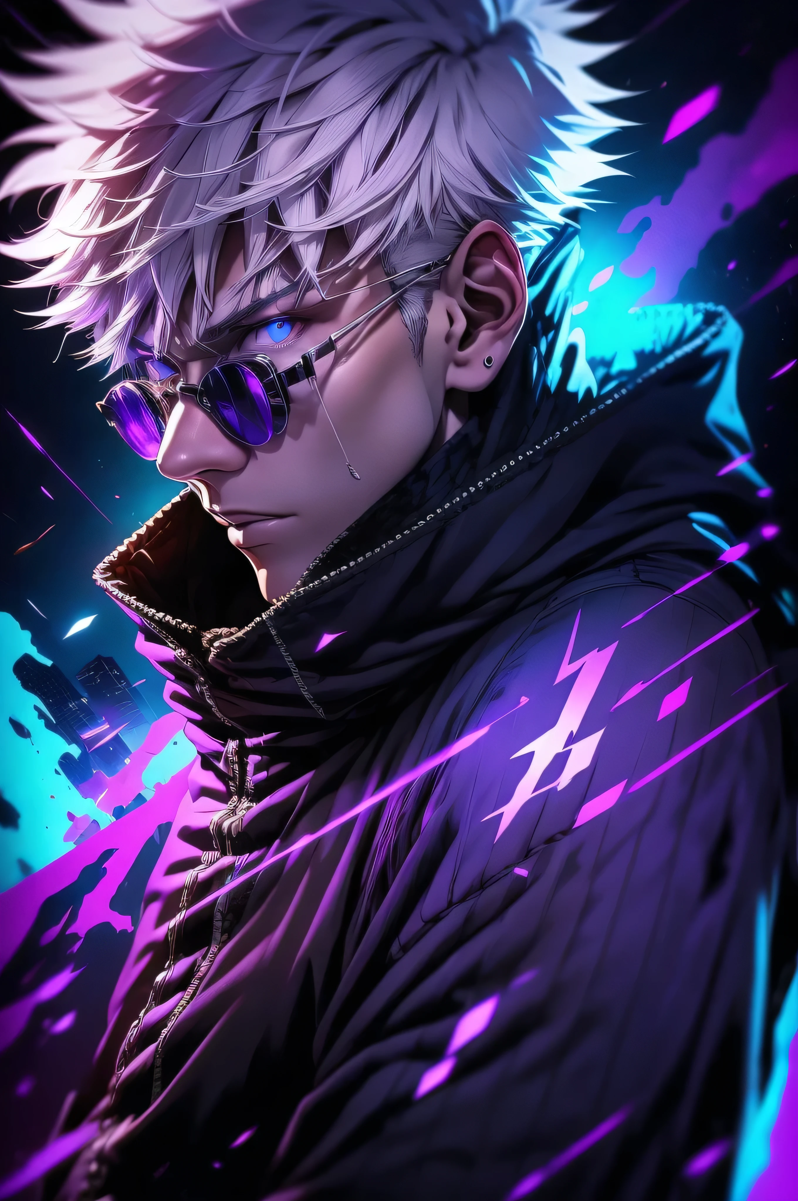 a man with white hair and a purple jacket holding a cell phone, cyberpunk art inspired by Munakata Shikō, tumblr, digital art, ufotable art style, anime wallaper, profile picture 1024px, trigger anime artstyle, badass anime 8 k, tokyo ghoul, 4k anime wallpaper, jujutsu kaisen