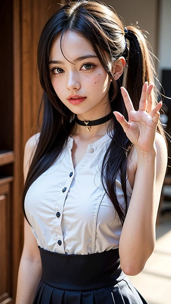 超A high resolution、masterpiece、highest quality、
Highly detailed face、Detailed eyes、Very complicated、Perfect Glowing Skin、Perfect lighting、Detailed lighting、Dramatic Shadows、Ray Tracing、
One Girl、Upper body、Counter Staff Uniforms、Looking at the audience、masterpiece, ultra detailed, hyper detailed, insanely detailed, detailed, high quality, best quality, exquisite, beautiful, woman, shy, wink, making a V sign, looking at viewer, black hair, big eyes, slant eyes, wide-eyed, heterochromia, with heart-shaped pupils, wheatish skin, skirt, choker, with a tattoo, piercing, beauty mark, freckles, blush, nail polish, long hair, twintail, very long hair, long hair, twintails, spiked hair, flipped hair, ahoge, shiny hair, wavy hair