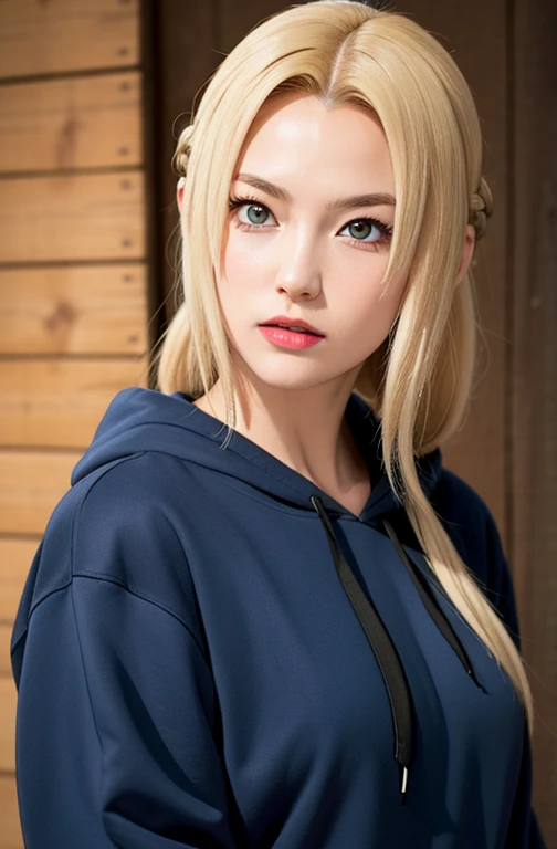 masterpiece, best quality, ultra-detailed, 1girl, upper body,
long hair, blonde hair, french braid, blue eyes, blunt bangs,
Wearing Streetwear Hoodie, stylish,
medium breast, cool attitude
looking at viewer, Tsunade \(shippuden\)