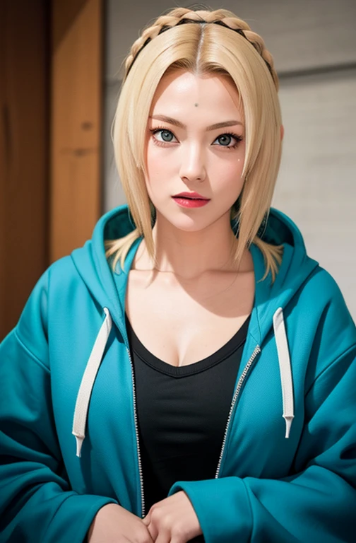 masterpiece, best quality, ultra-detailed, 1girl, upper body, 
long hair, blonde hair, french braid, blue eyes, blunt bangs, 
Wearing Streetwear Hoodie, stylish,
medium breast, cool attitude 
looking at viewer, Tsunade \(shippuden\)