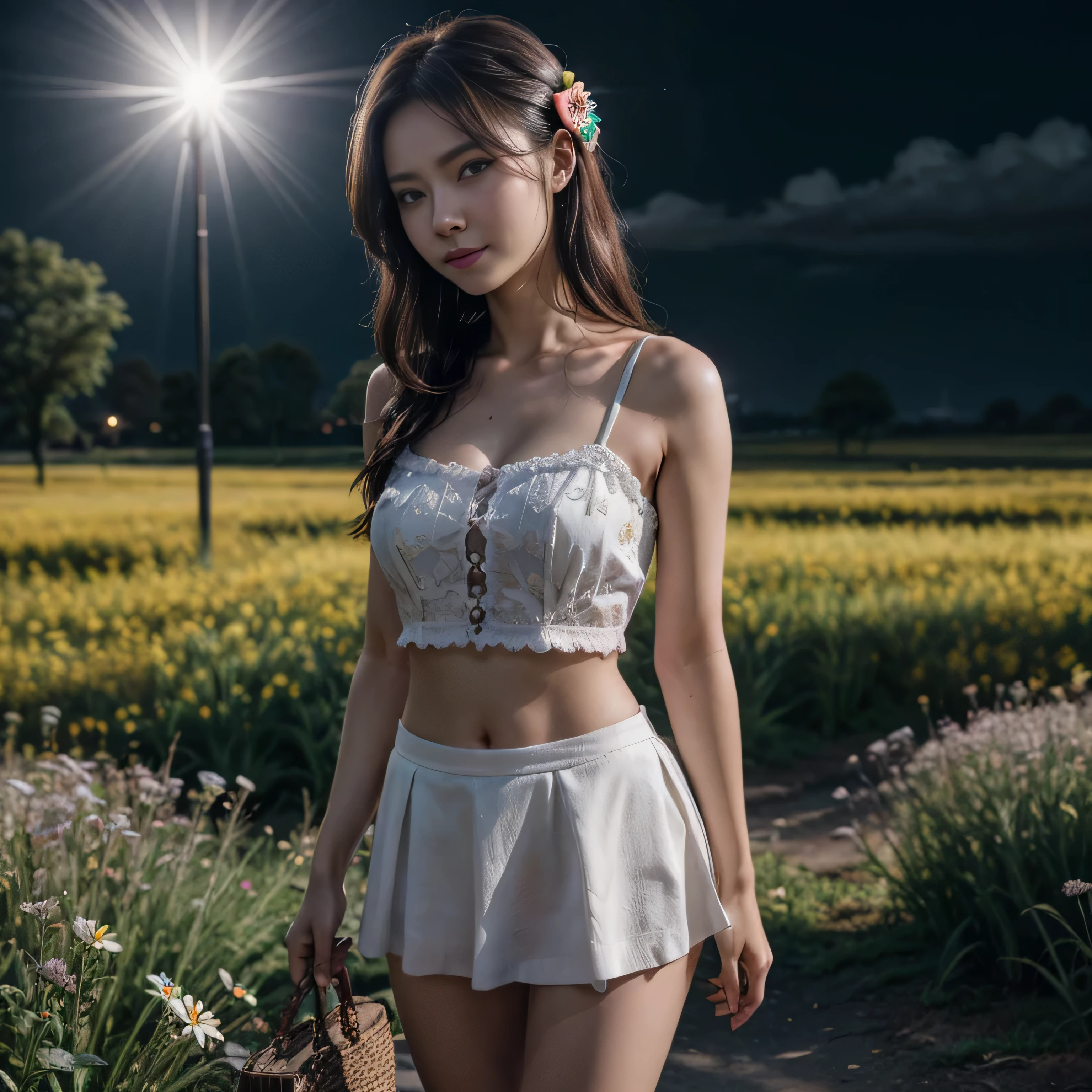 masterpiece, best quality, 1girl, (colorful),(finely detailed beautiful eyes and detailed face),cinematic lighting,bust shot,extremely detailed CG unity 8k wallpaper,white hair,solo,smile,intricate skirt,((flying petal)),(Flowery meadow) sky, cloudy_sky, building, moonlight, moon, night, (dark theme:1.3), light, fantasy,