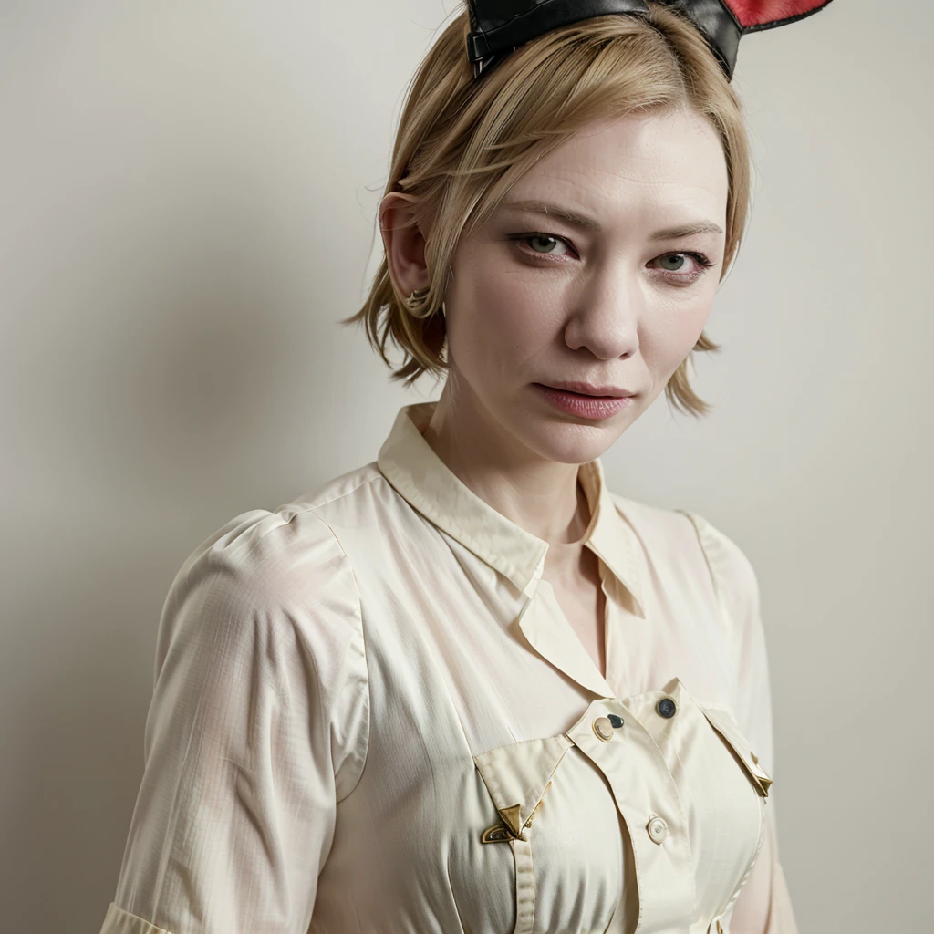 A cute cosplay woman (Cate Blanchett (25)) is wearing Bunny Ears while costumed as Kill La Kill Ryuko Matoi