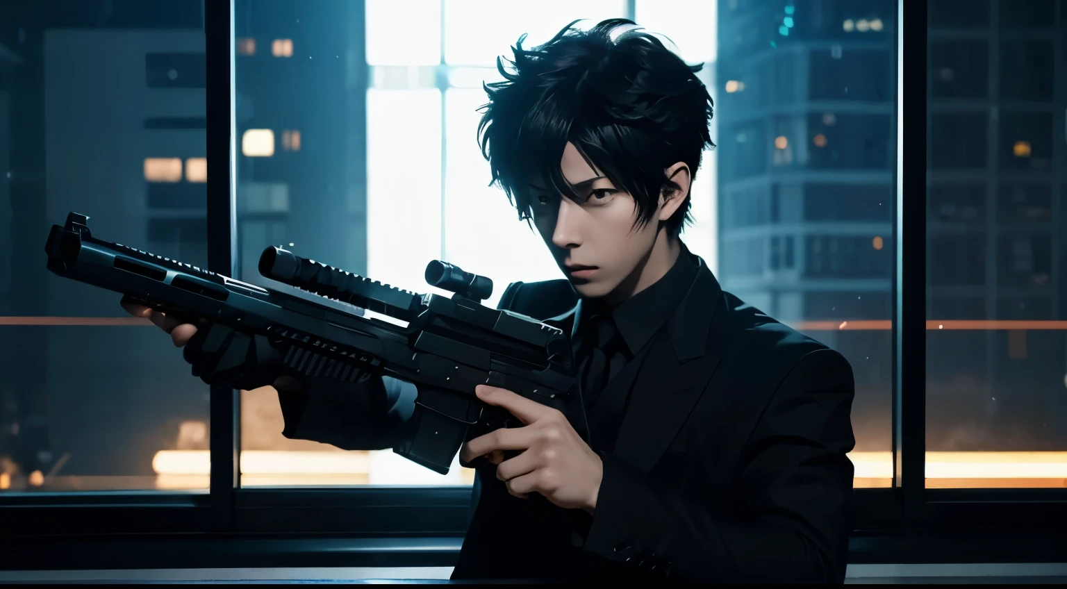 art style in the style of psycho pass, dominator gun, anime, kogami, wielding dominator gun, dark metro, window with light, night time
