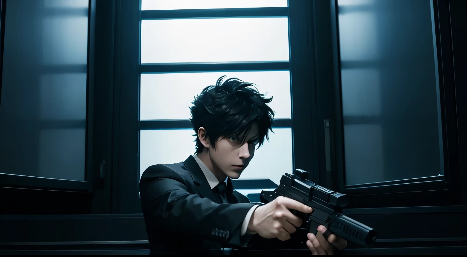 art style in the style of psycho pass, dominator gun, anime, kogami, wielding dominator gun, dark metro, window with light, night time