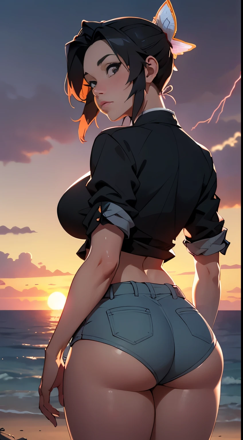 masterpiece, beach sunset scene:1.2), (Shinobu Kochou from demon slayer :1.2), (height of 150 centimeters and weight of 47 kg:1.2), (perfectly proportioned body:1.1), (beautiful breasts and shapely, perky buttocks:1.2), (clivagem, pegajoso, Camisa apertada e curta, Tanga, shorts curtos verde, :1.2), (no exaggerations:1.1), (photograph taken at sunset with a captivating backlight against her buttocks:1.3), (capturing a discreet glance towards the camera:1.2), (radiant skin glowing in the golden hour:1.2), (serene and alluring ambiance:1.1) Hyper-detailed, insane details, Beautifully color graded, Unreal Engine, DOF, Super-Resolution,Megapixel, Cinematic Lightning, Anti-Aliasing, FKAA, TXAA, RTX,SSAO,Post Processing, Post Production, Tone Mapping, CGI, VFX, SFX, Insanely detailed and intricate , Hyper maximalist, Hyper realistic, Volumetric, Photorealistic, ultra photoreal, ultra- detailed, intricate details,8K, Super detailed , Full color, Volumetric lightning, HDR, Realistic, Unreal Engine, 16K, Sharp focus. Octane render,