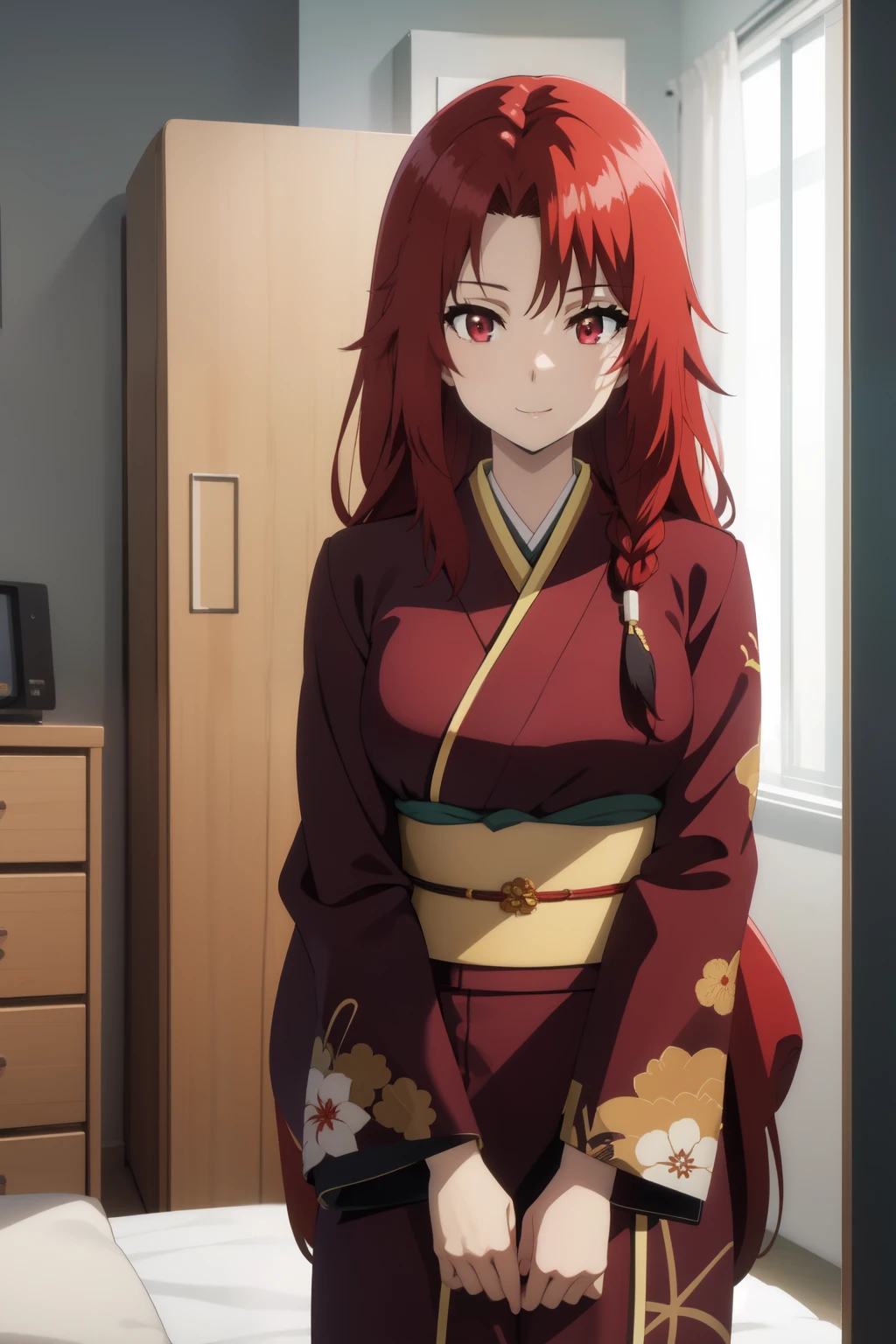 Anime background art, bottom of room, one bed, standing, beautiful anime scenes, 4K anime art wallpaper, 4k anime art wallpaper, Rosla global illumination, anime girl, 1 girl, LORA similar, best quality, detailed, alone, looking at the viewer, mouth closed, smile, long hair, definition in the eye, perfect face, lying on a bed, perfect face, perfect hair, red hair, red eyes, kimono costume.
