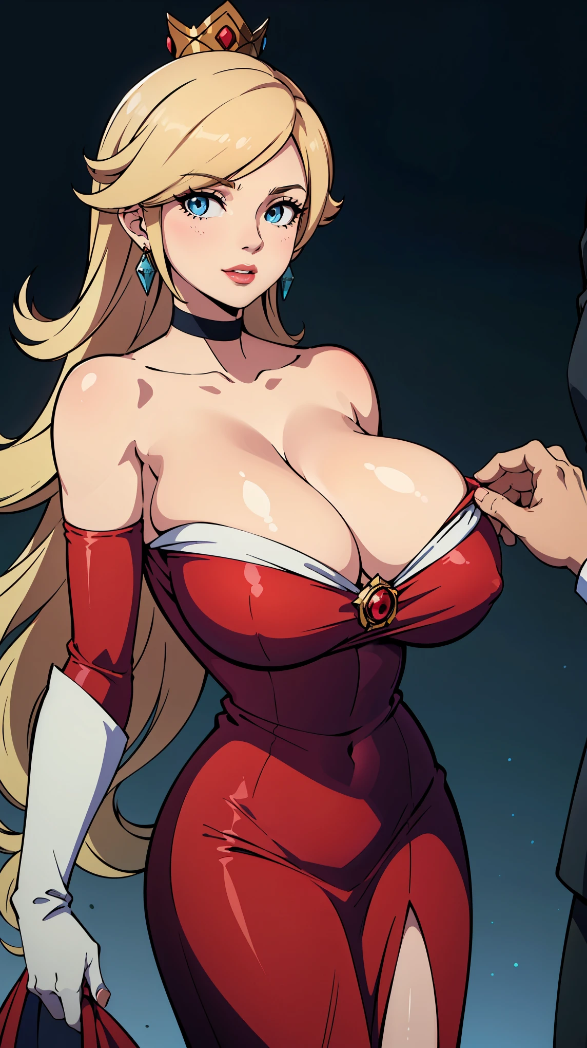 rosalina, crown, red dress, long dress, strapless dress, backless dress, long white elbow gloves, smile, light red lipstick, dark blue eye shadow, makeup, black choker, cowboy shot, (((gigantic breasts))), (((cleavage Focus))), (a man's hand pulling down her dress to see her breasts)