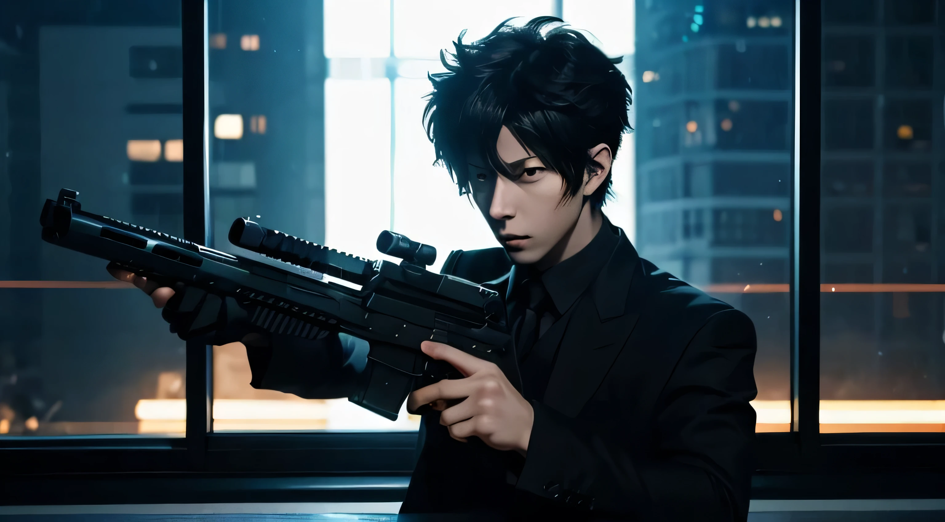 art style in the style of psycho pass, dominator gun, anime, kogami, wielding dominator gun, dark metro, window with light, night time